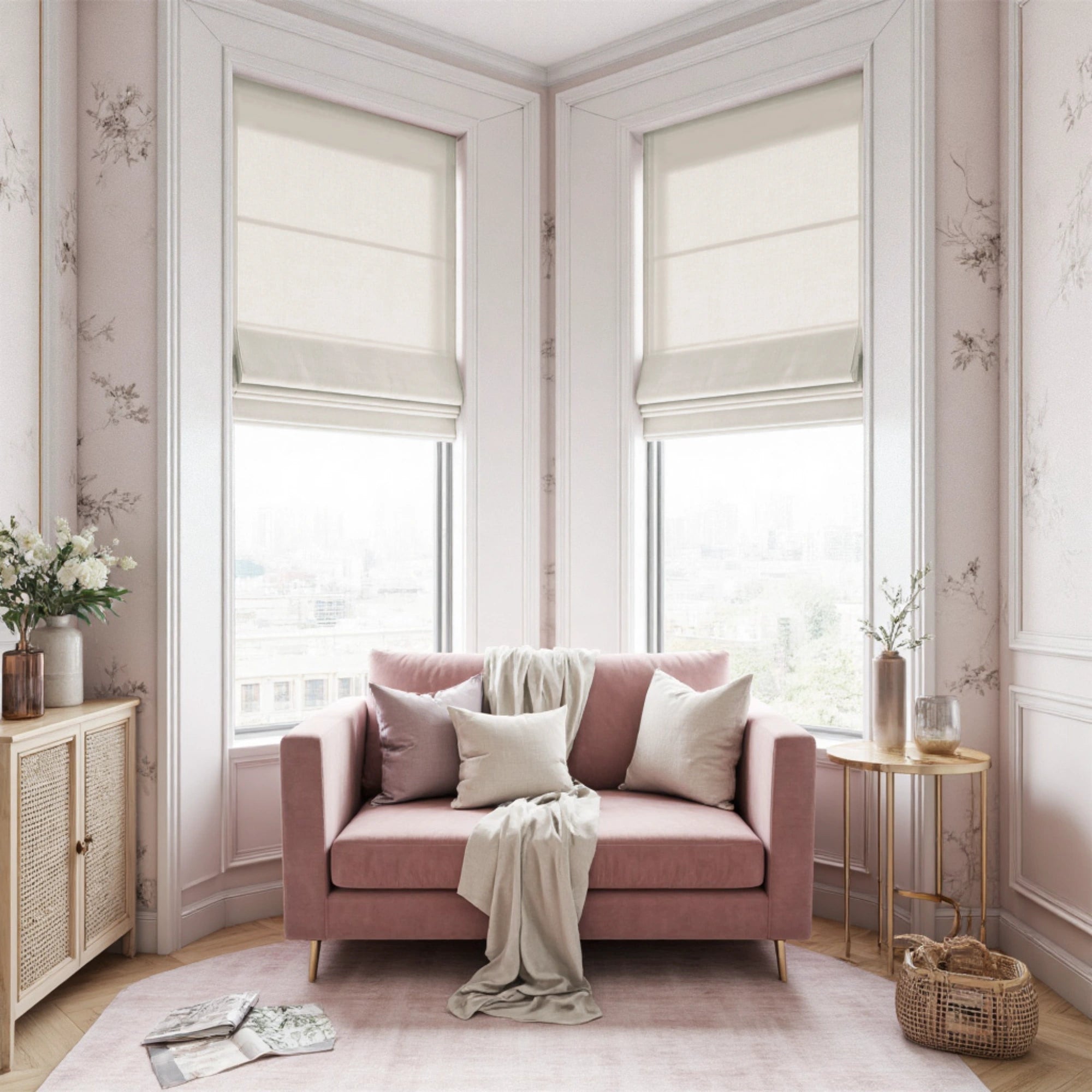 Orinda Semi Sheer Roman Shades: Image KLQ2-2_scene_2 showcases the roman shade with soft semi sheer fabric, gentle light filtering effect and elegant home scene display.