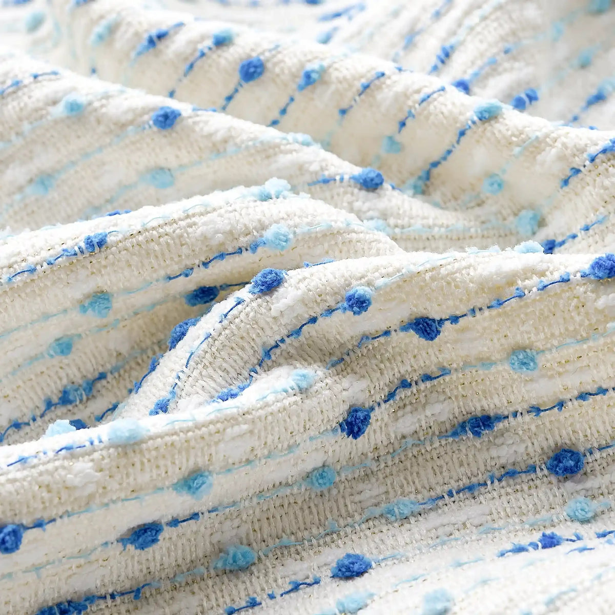 Phaedra Blue Geometric Dot & Line Jacquard Roman Shades: Image detail_2 highlights the intricate blue geometric dot & line jacquard details, premium fabric texture and exquisite craftsmanship of the roman shade.