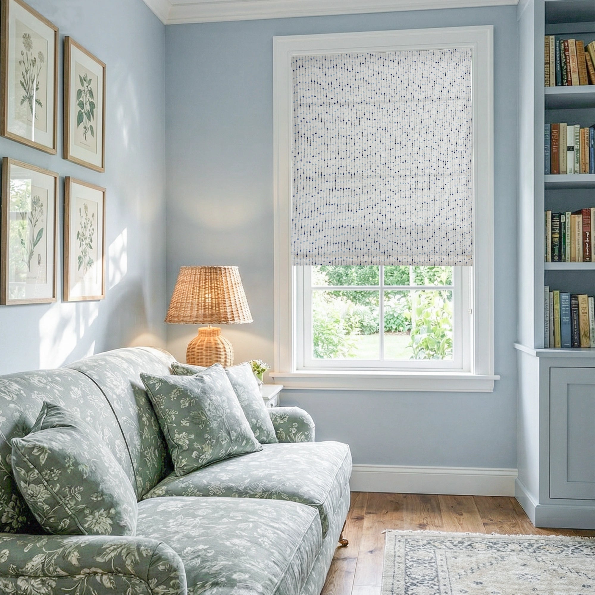 Phaedra Blue Geometric Dot & Line Jacquard Roman Shades: Image H019_scene_1 showcases the roman shade with minimalist blue geometric dot & line jacquard design, high-quality fabric and stylish home scene display.