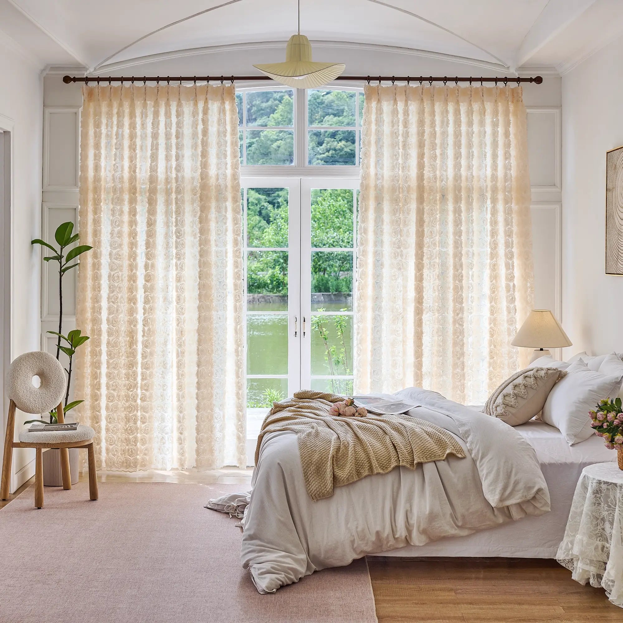Phaelyn Ivory White Sheer Curtain with Embroidered Roses