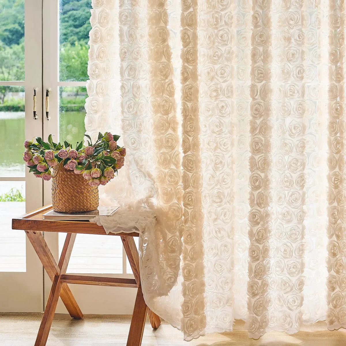Phaelyn Ivory White Sheer Curtain with Embroidered Roses