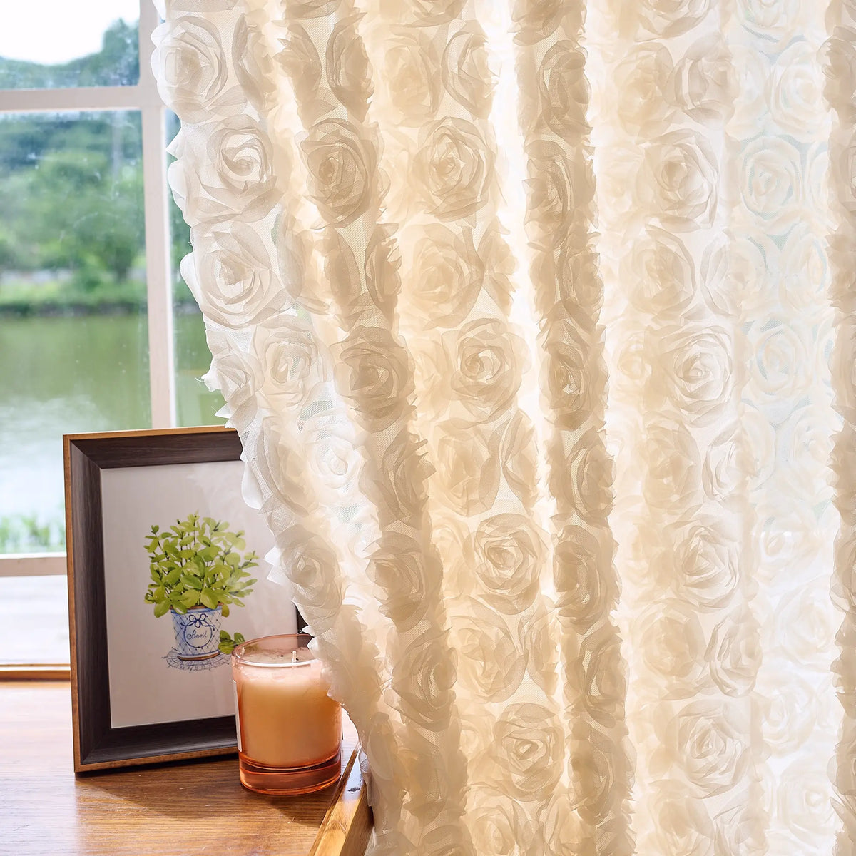 Phaelyn Ivory White Sheer Curtain with Embroidered Roses