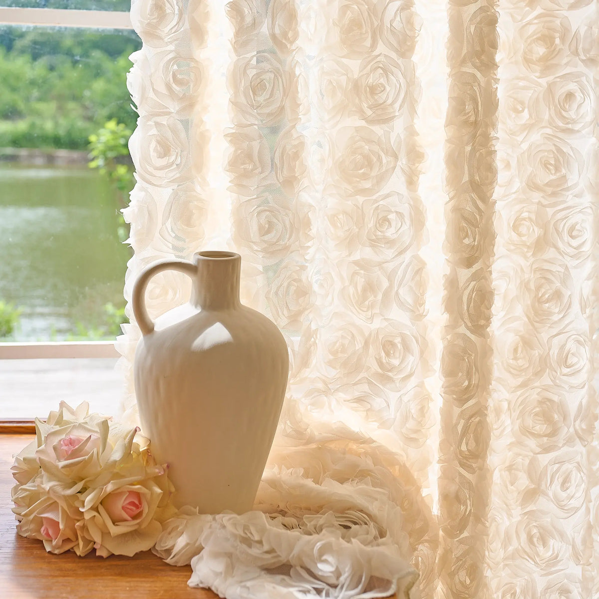 Phaelyn Ivory White Sheer Curtain with Embroidered Roses