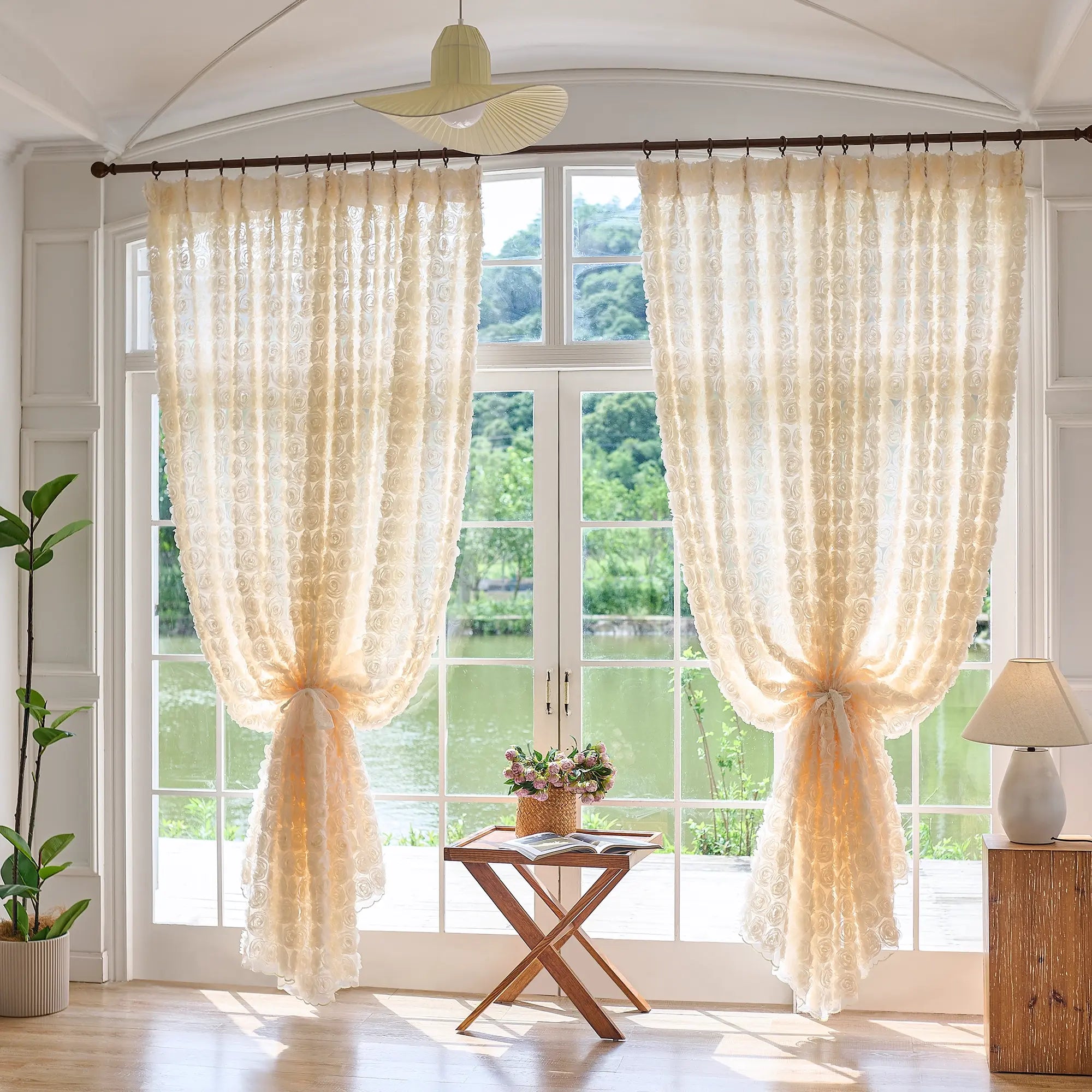 Phaelyn Ivory White Sheer Curtain with Embroidered Roses