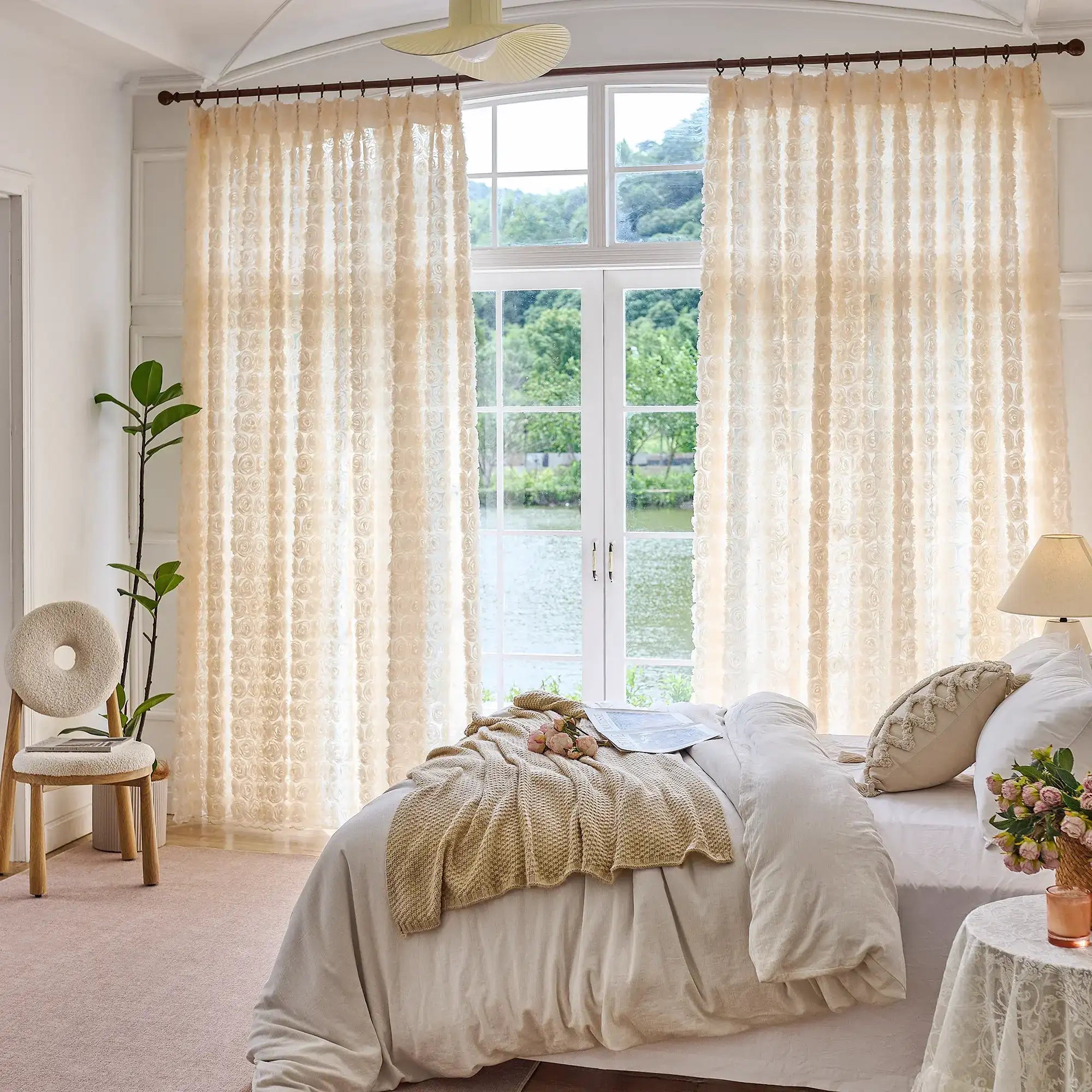 Phaelyn Ivory White Sheer Curtain with Embroidered Roses