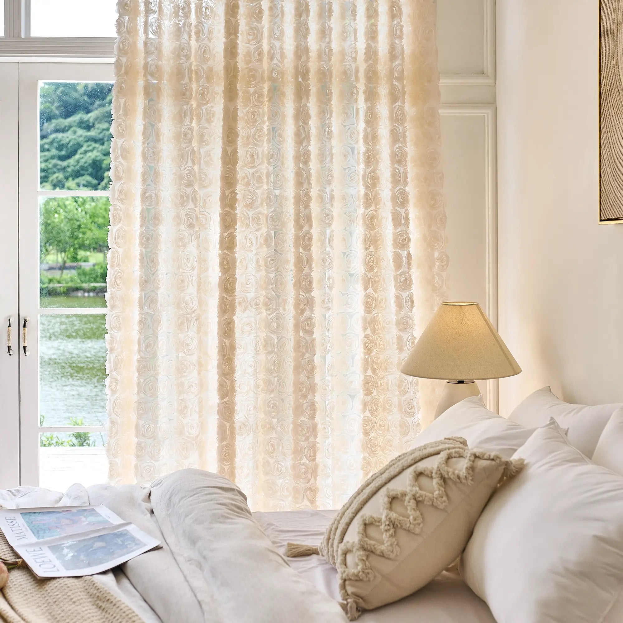 Phaelyn Ivory White Sheer Curtain with Embroidered Roses