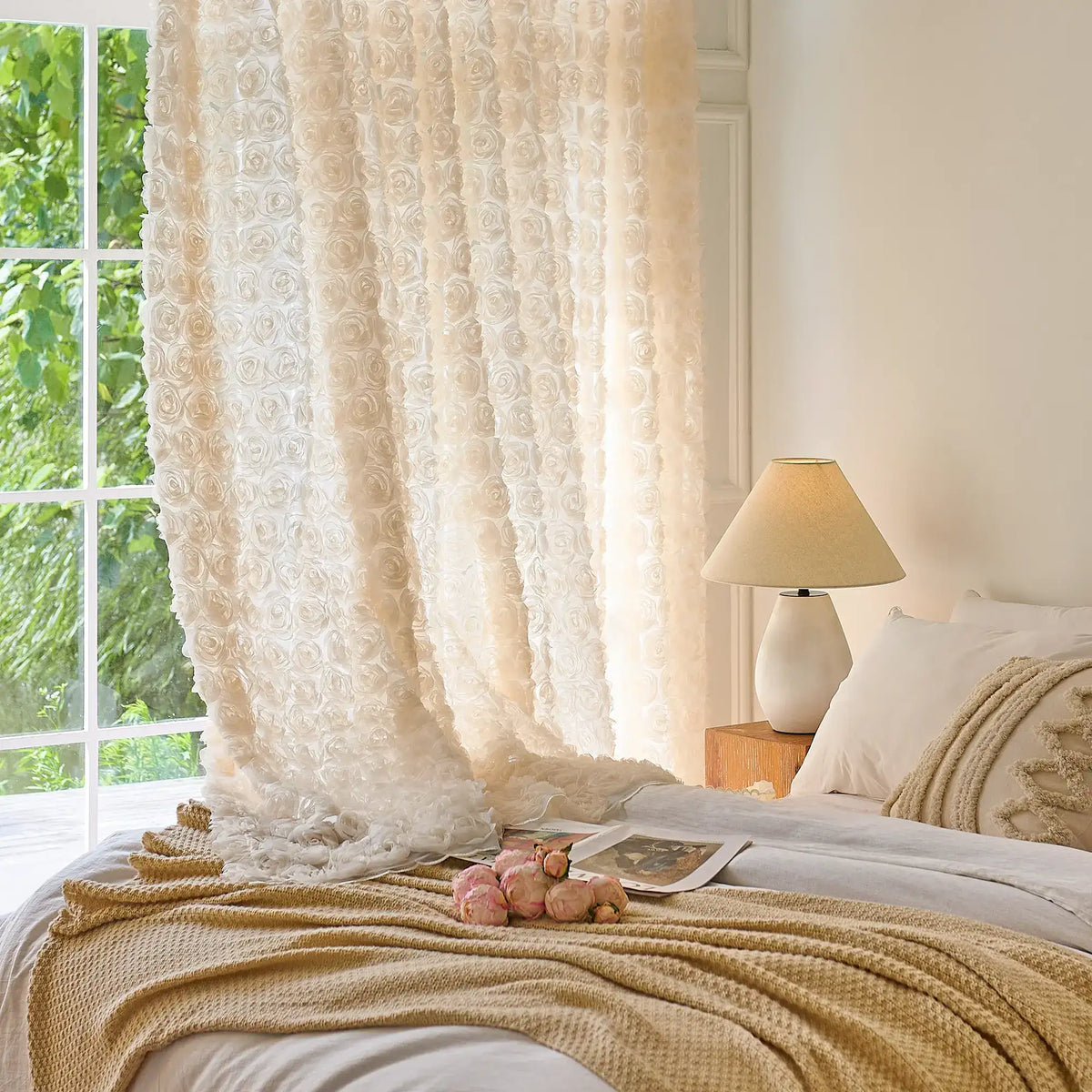 Phaelyn Ivory White Sheer Curtain with Embroidered Roses