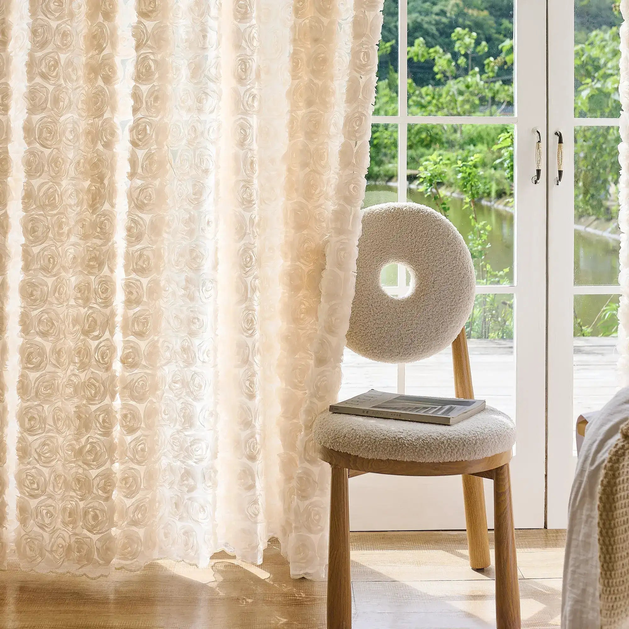 Phaelyn Ivory White Sheer Curtain with Embroidered Roses