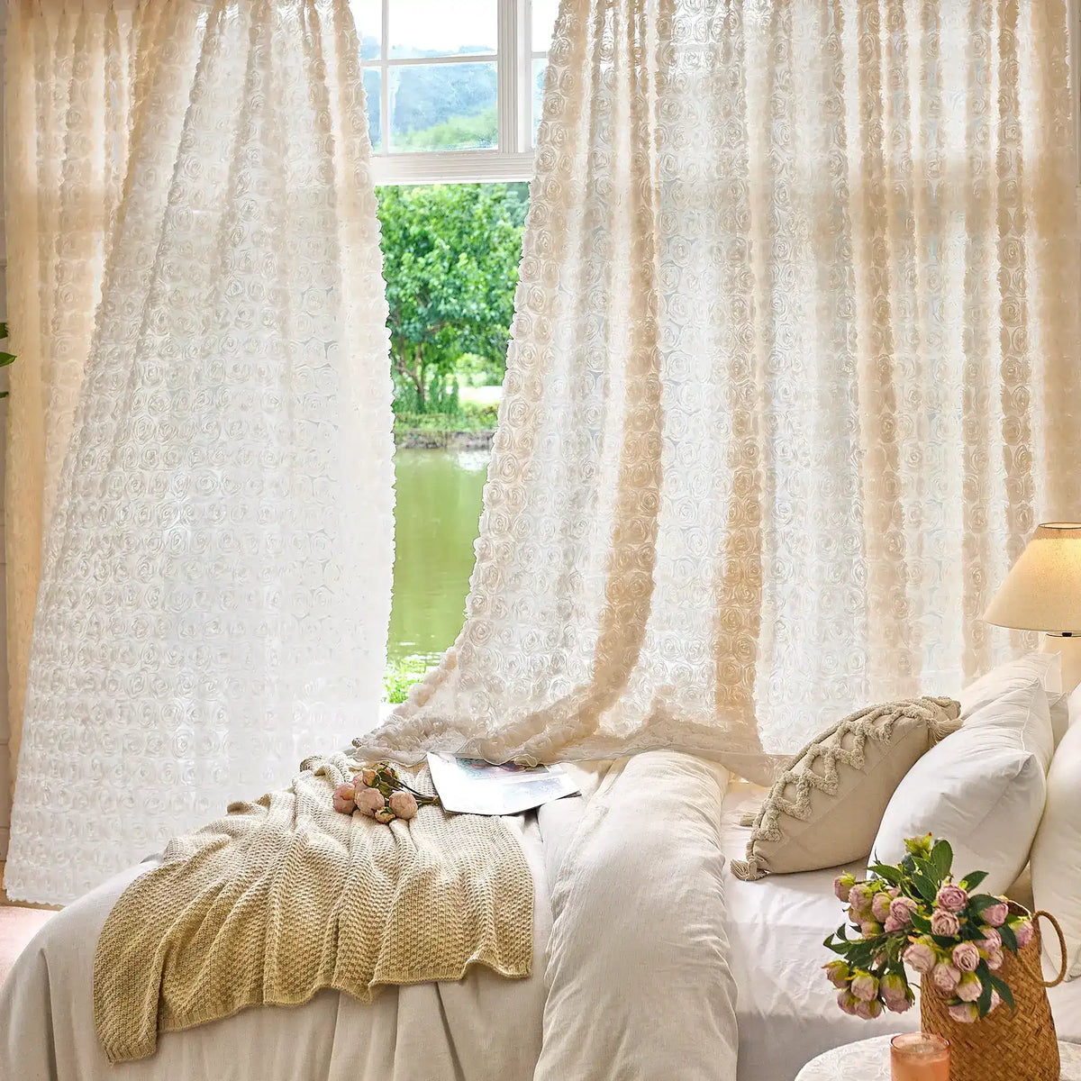 Phaelyn Ivory White Sheer Curtain with Embroidered Roses