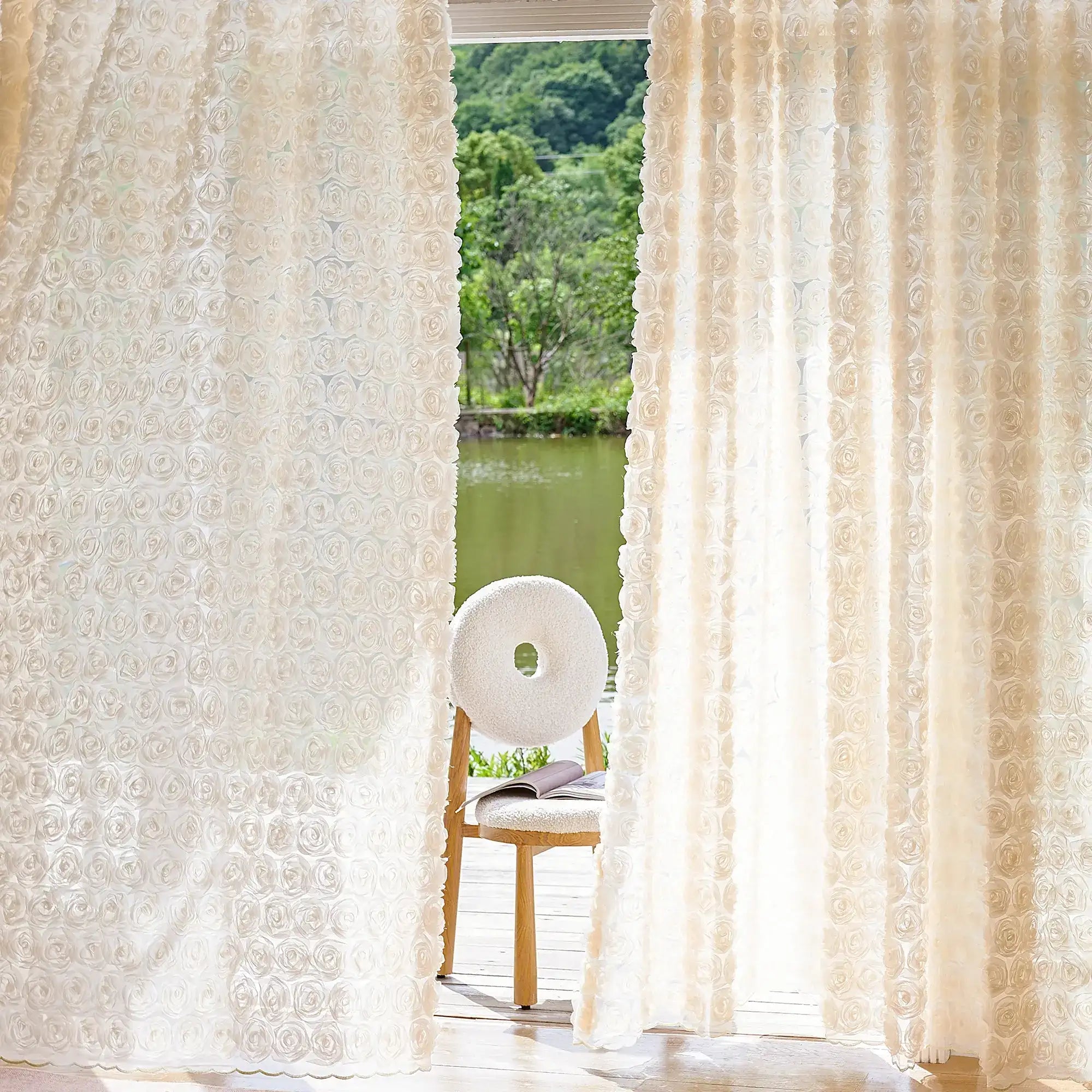 Phaelyn Ivory White Sheer Curtain with Embroidered Roses