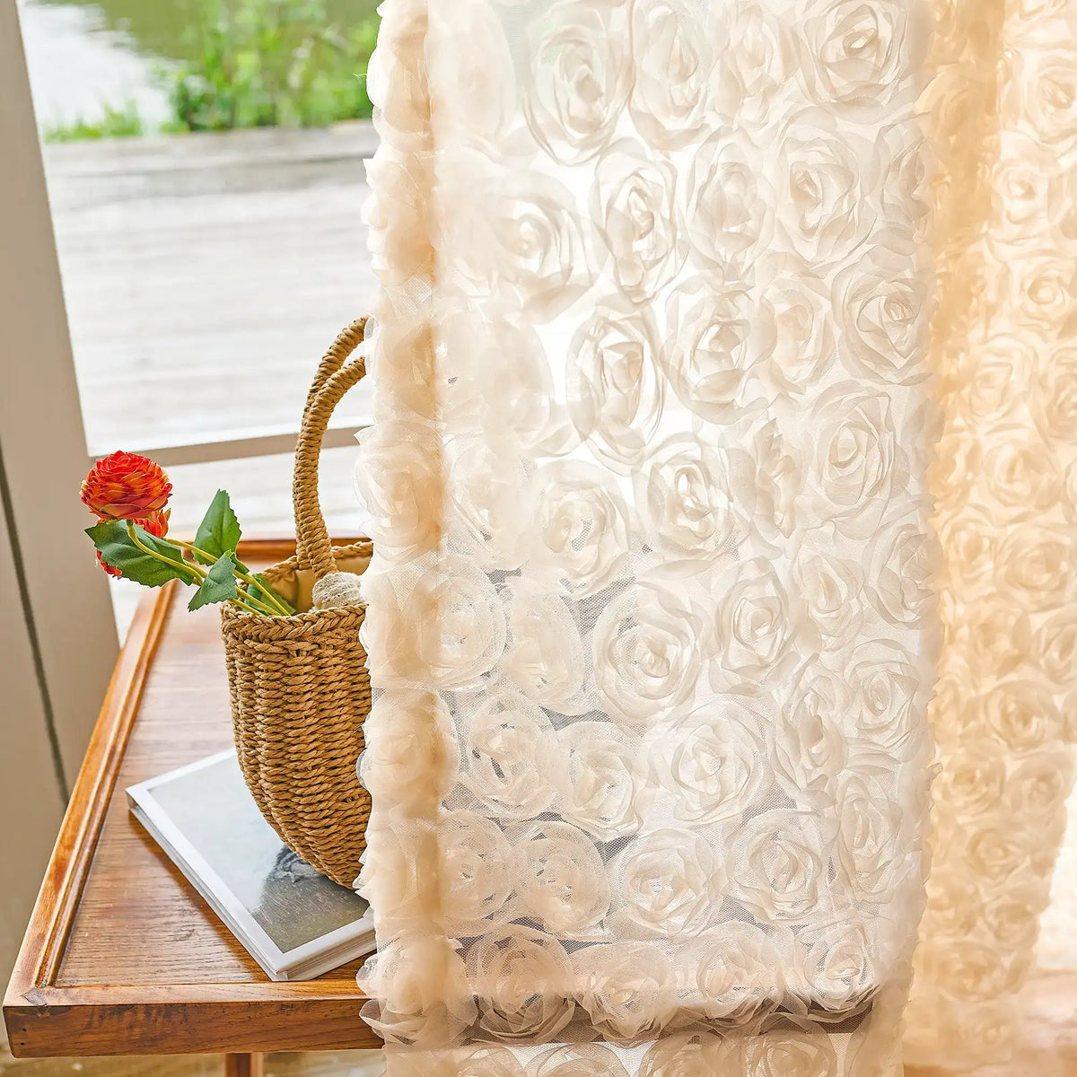 Phaelyn Ivory White Sheer Curtain with Embroidered Roses