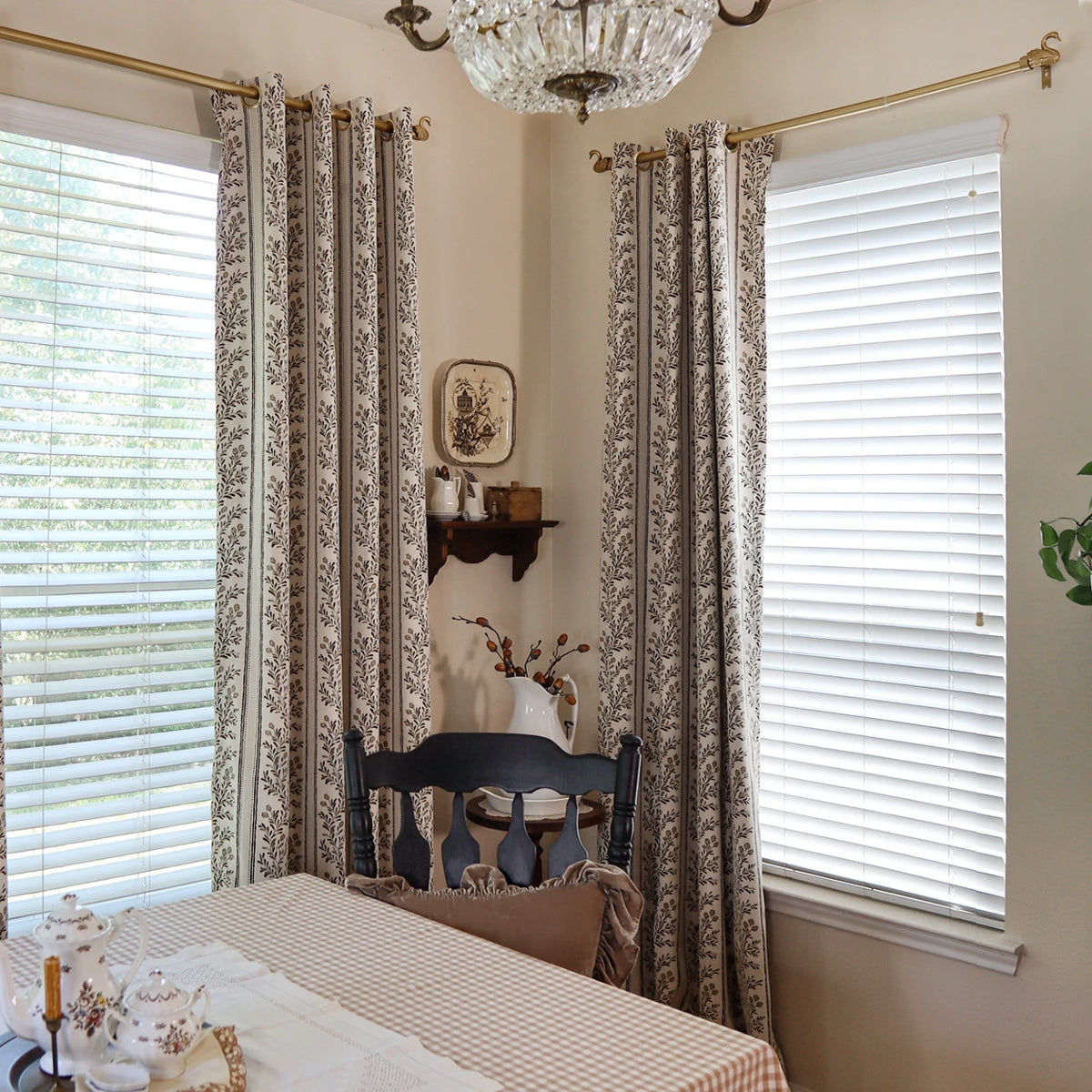 Sariel Beige & Brown Vintage Botanical Stripe Jacquard Chenille Drapes
