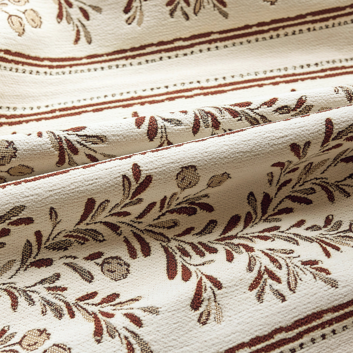Sariel Beige & Brown Vintage Botanical Stripe Jacquard Chenille Drapes