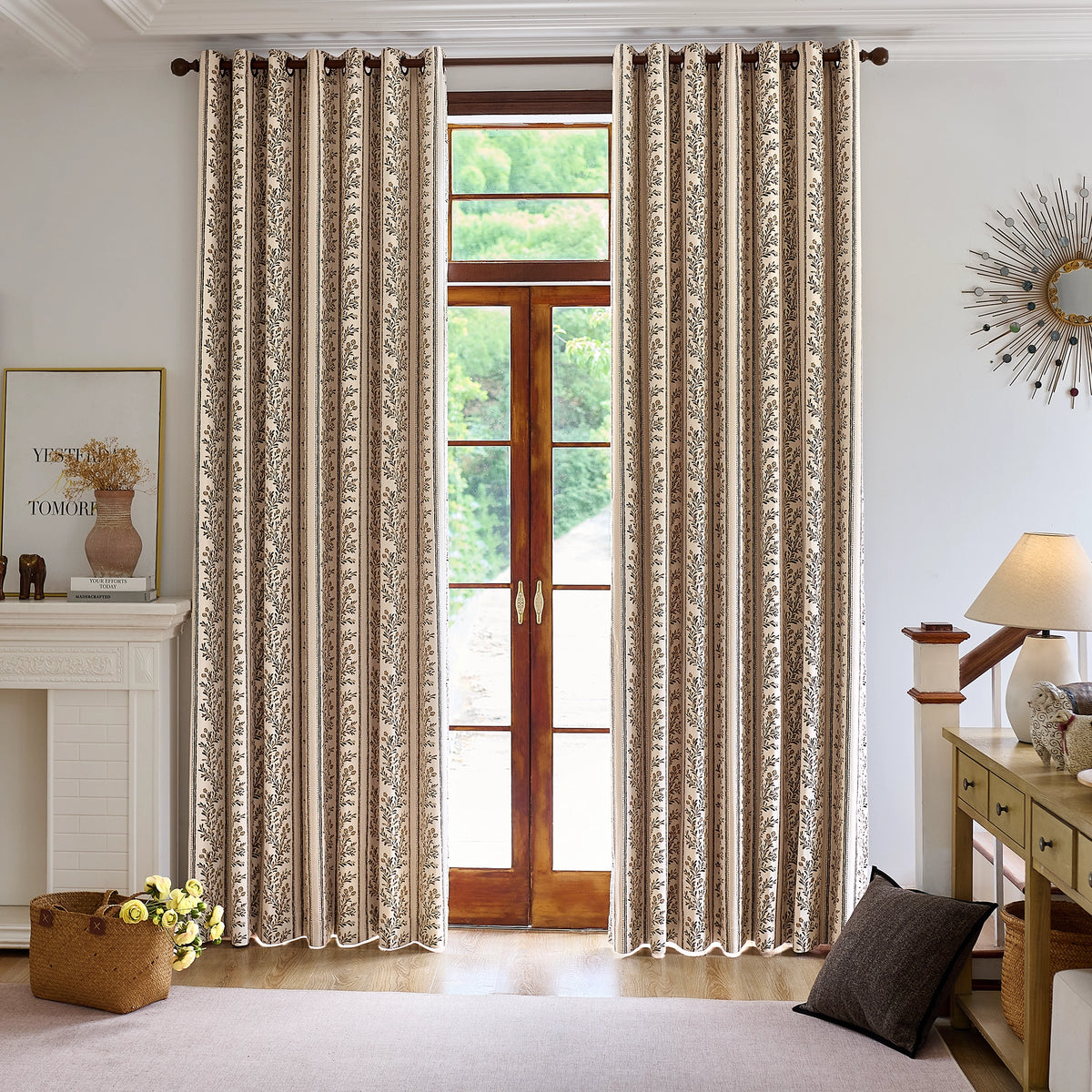 Sariel Beige & Brown Vintage Botanical Stripe Jacquard Chenille Drapes
