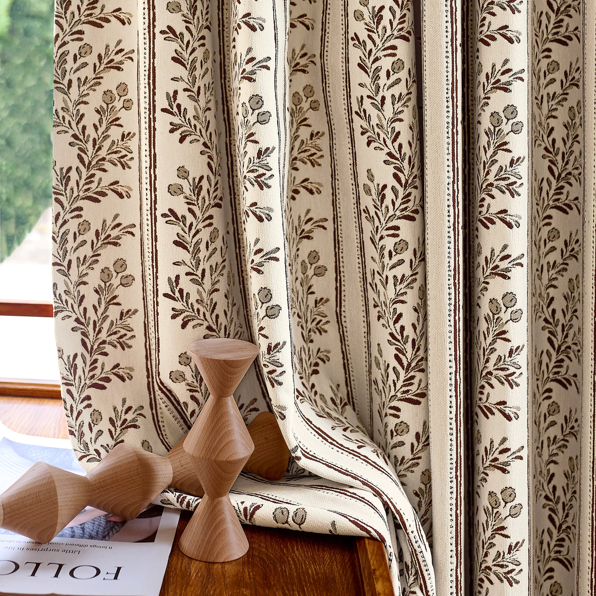 Sariel Beige & Brown Vintage Botanical Stripe Jacquard Chenille Drapes