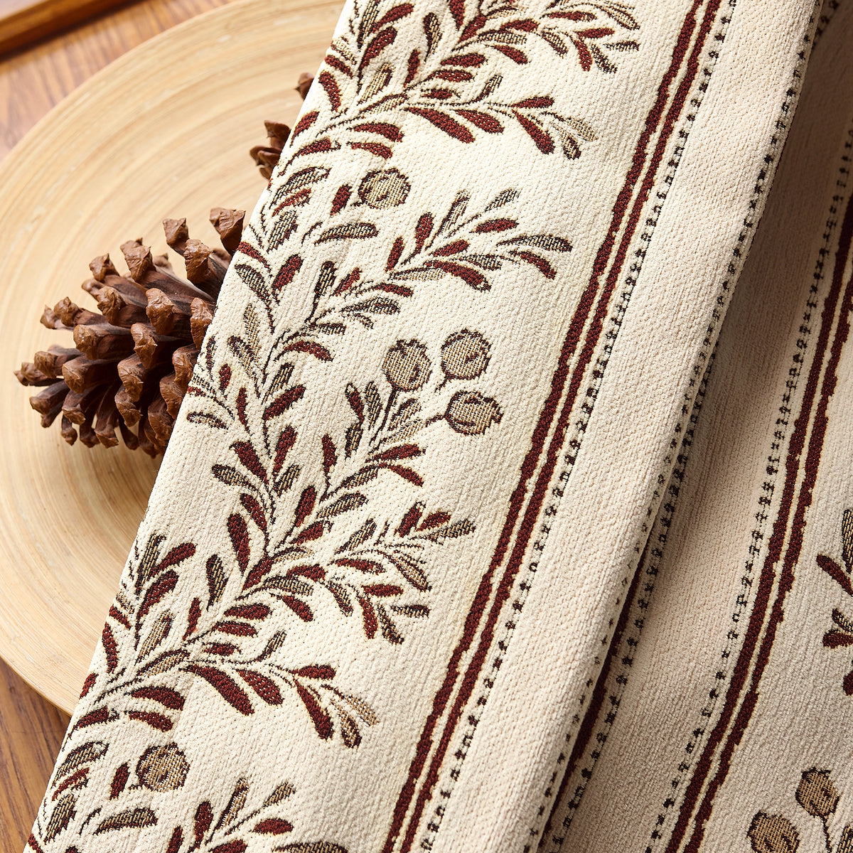 Sariel Beige & Brown Vintage Botanical Stripe Jacquard Chenille Drapes