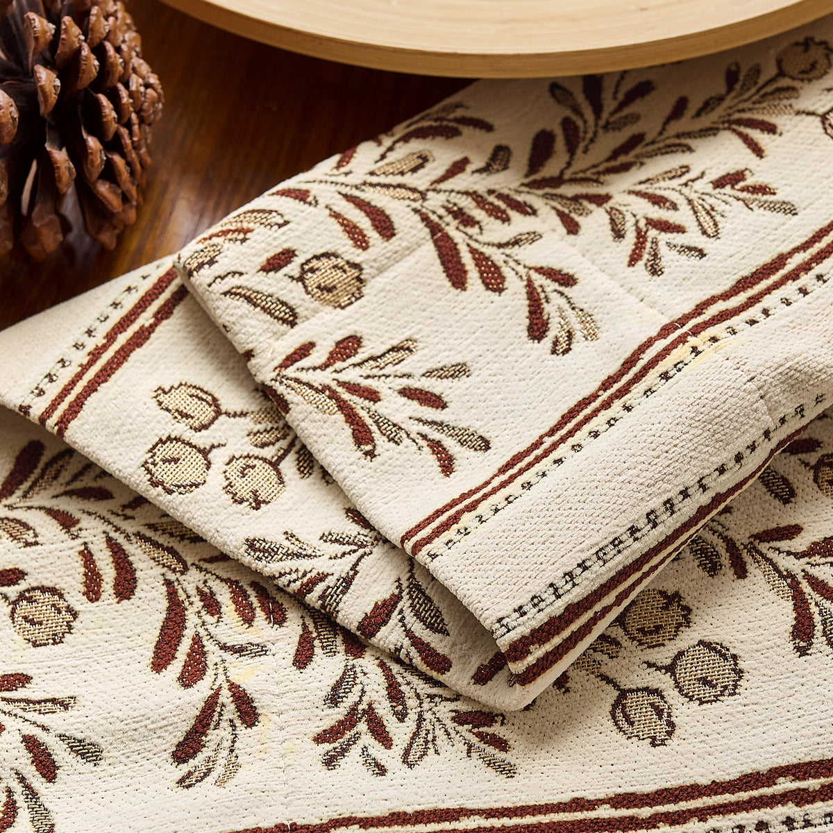 Sariel Beige & Brown Vintage Botanical Stripe Jacquard Chenille Drapes
