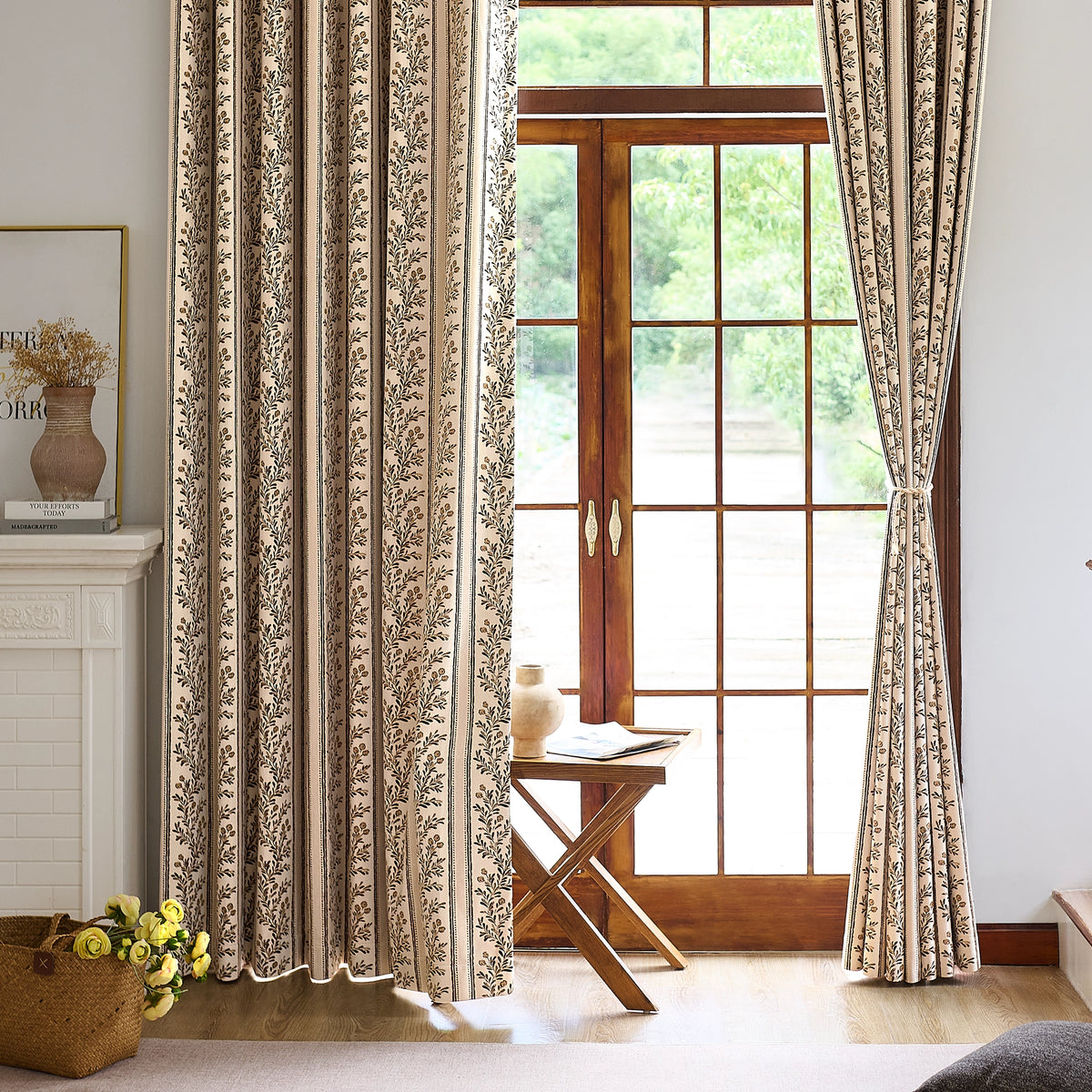 Sariel Beige & Brown Vintage Botanical Stripe Jacquard Chenille Drapes