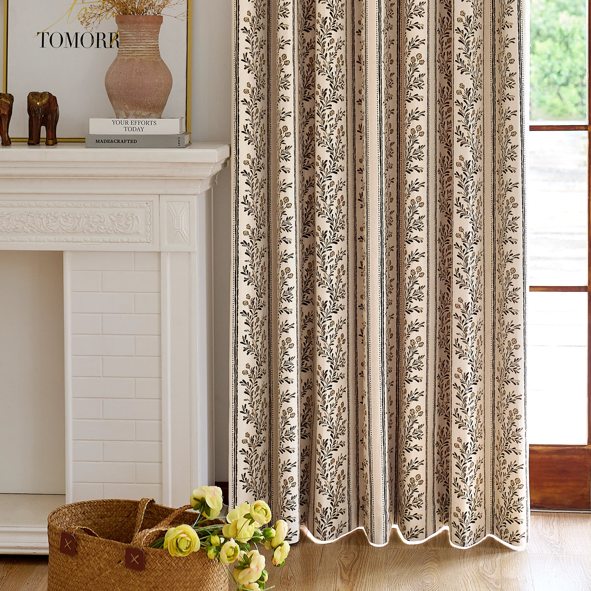 Sariel Beige & Brown Vintage Botanical Stripe Jacquard Chenille Drapes