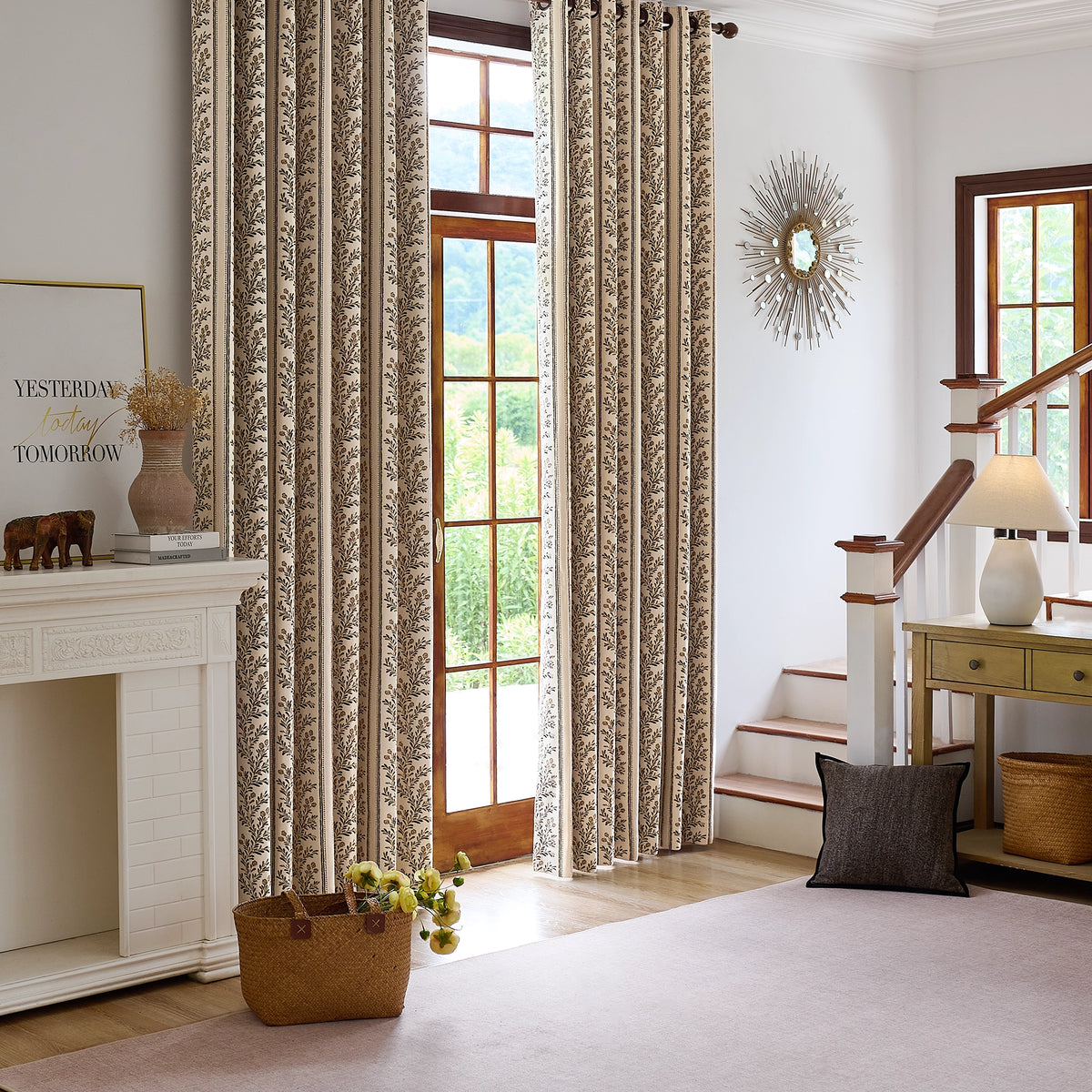 Sariel Beige & Brown Vintage Botanical Stripe Jacquard Chenille Drapes