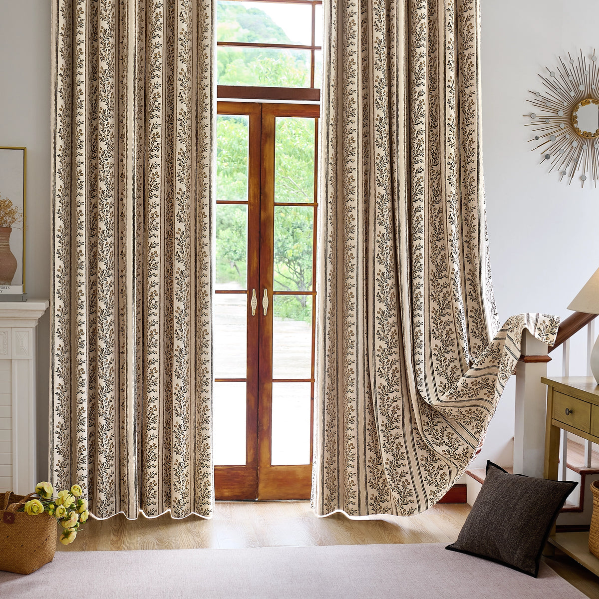 Sariel Beige & Brown Vintage Botanical Stripe Jacquard Chenille Drapes