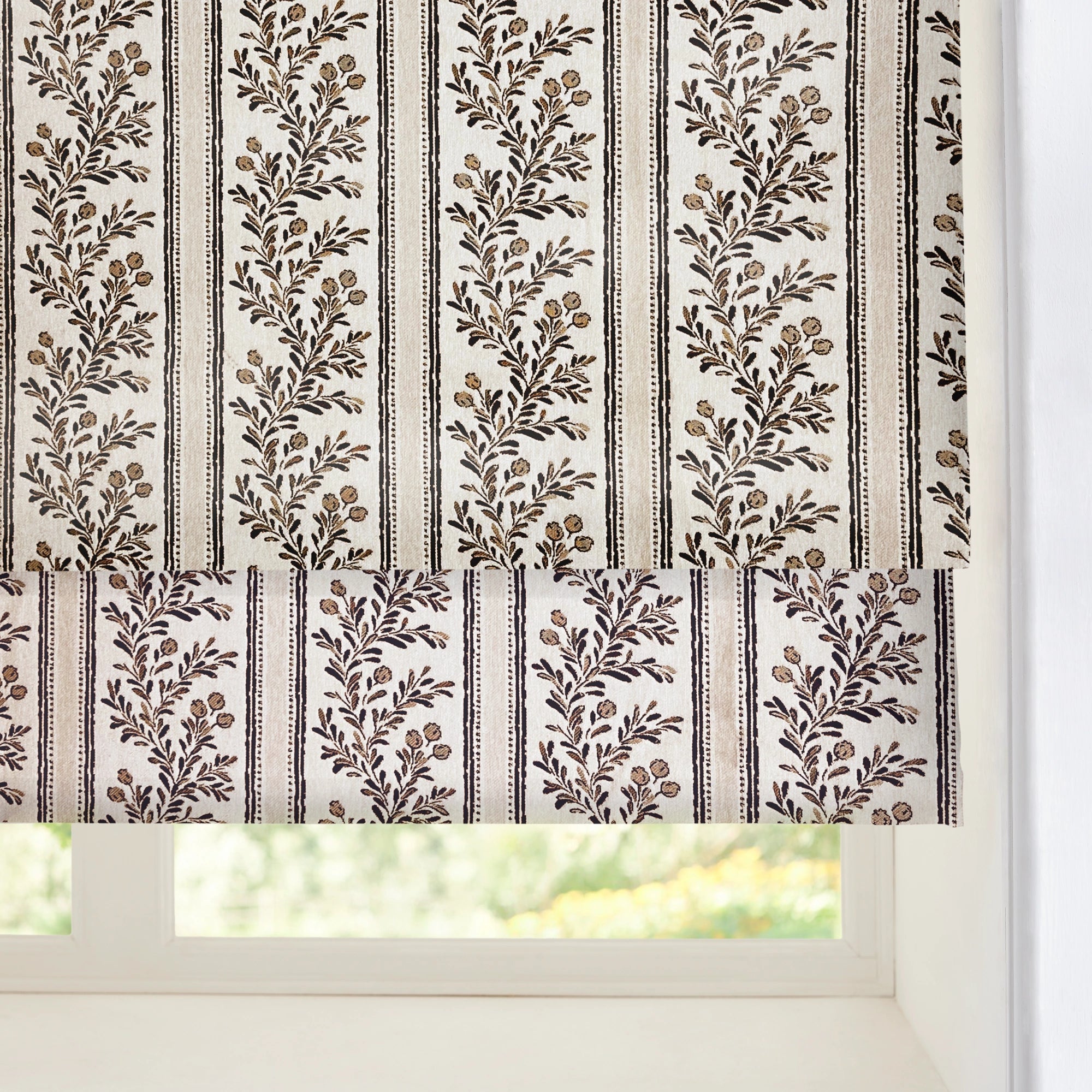 Sariel Beige & Brown Vintage Botanical Stripe Jacquard Chenille Roman Shades: Image scene_4 showcases the roman shade with classic beige & brown vintage botanical stripe jacquard design, soft chenille fabric and elegant home scene display.