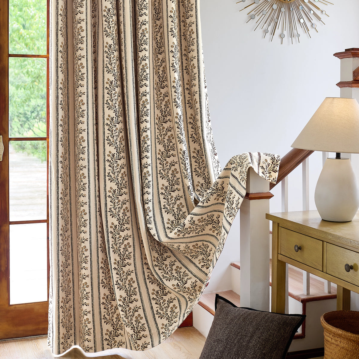 Sariel Beige & Brown Vintage Botanical Stripe Jacquard Chenille Drapes