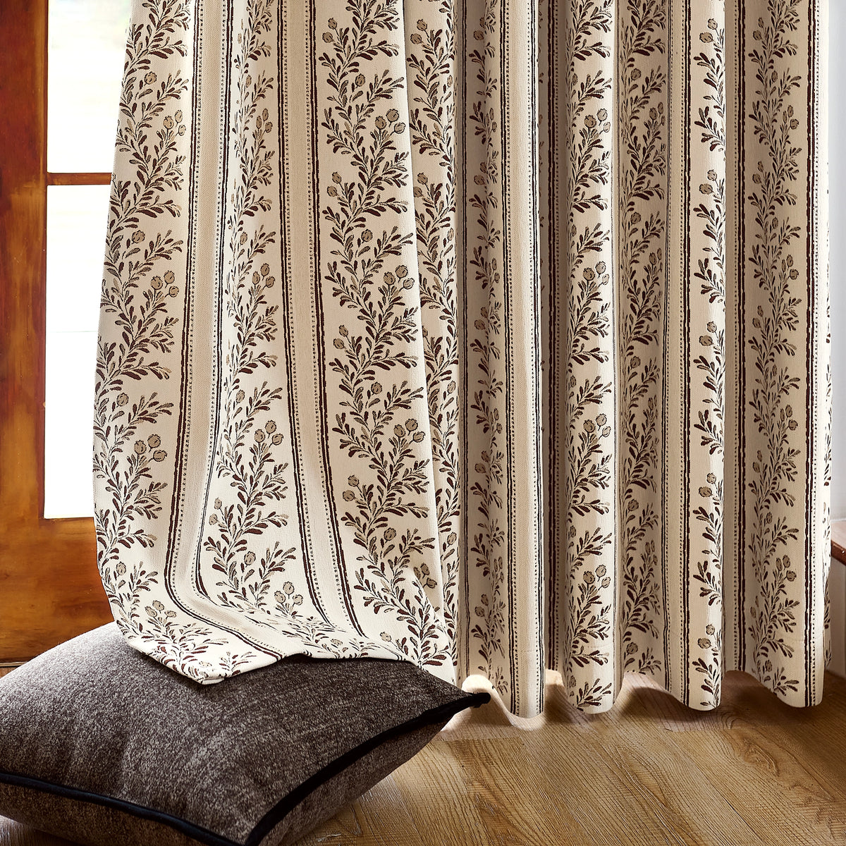 Sariel Beige & Brown Vintage Botanical Stripe Jacquard Chenille Drapes