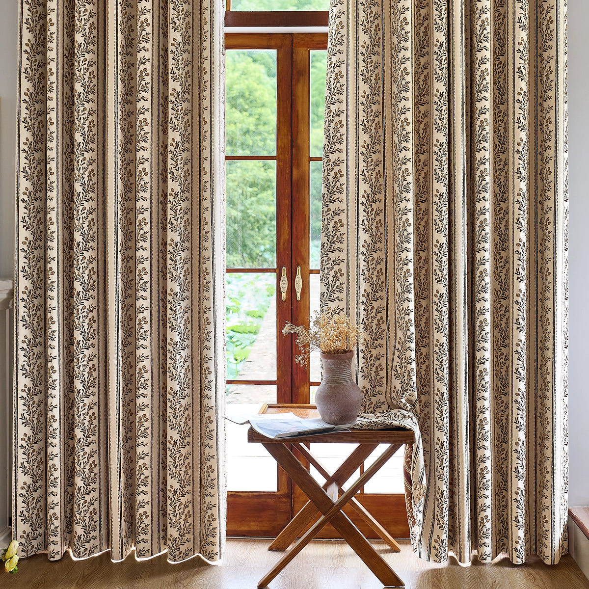 Sariel Beige & Brown Vintage Botanical Stripe Jacquard Chenille Drapes