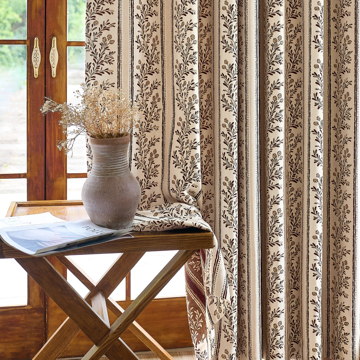 Sariel Beige & Brown Vintage Botanical Stripe Jacquard Chenille Drapes