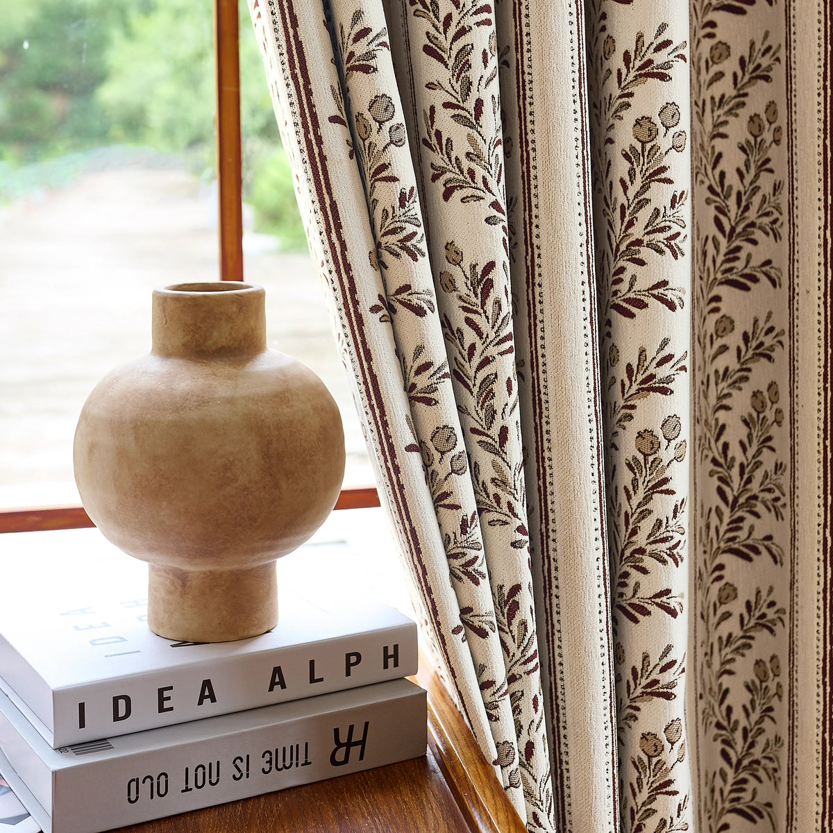 Sariel Beige & Brown Vintage Botanical Stripe Jacquard Chenille Drapes