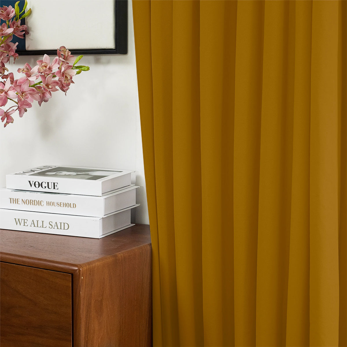 Selene Velvet Curtains for Room Darkening - Luxurious Drapes J803-77_scene_5 showcasing graceful drape effect, soft velvet texture and stylish modern home interior ambiance