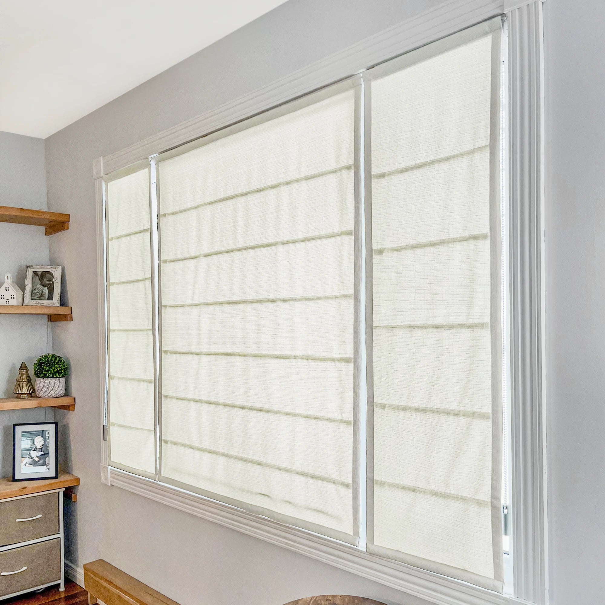 Seraphine Linen Texture Roman Shade: Image 9013-2-1 showcasing elegant linen-textured roman shade with smooth tailored folds and natural woven fabric finish for modern window styling