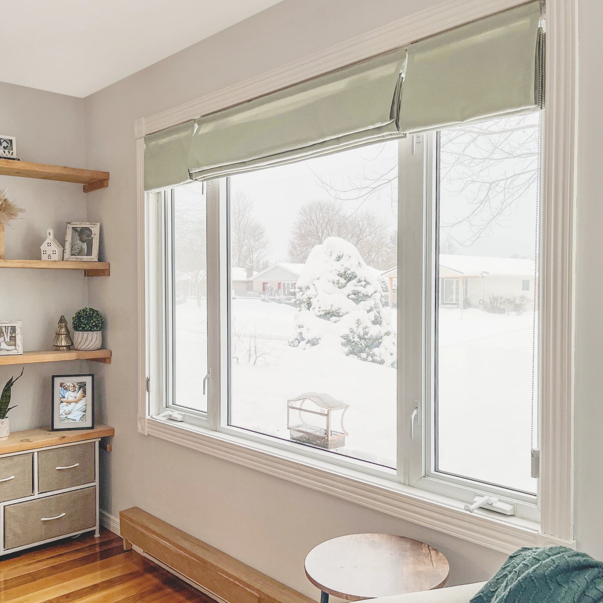 Seraphine Linen Texture Roman Shade: Image 9013-2-5 highlighting smooth tailored folds, natural linen texture, and a refined neutral finish for elegant home window treatments