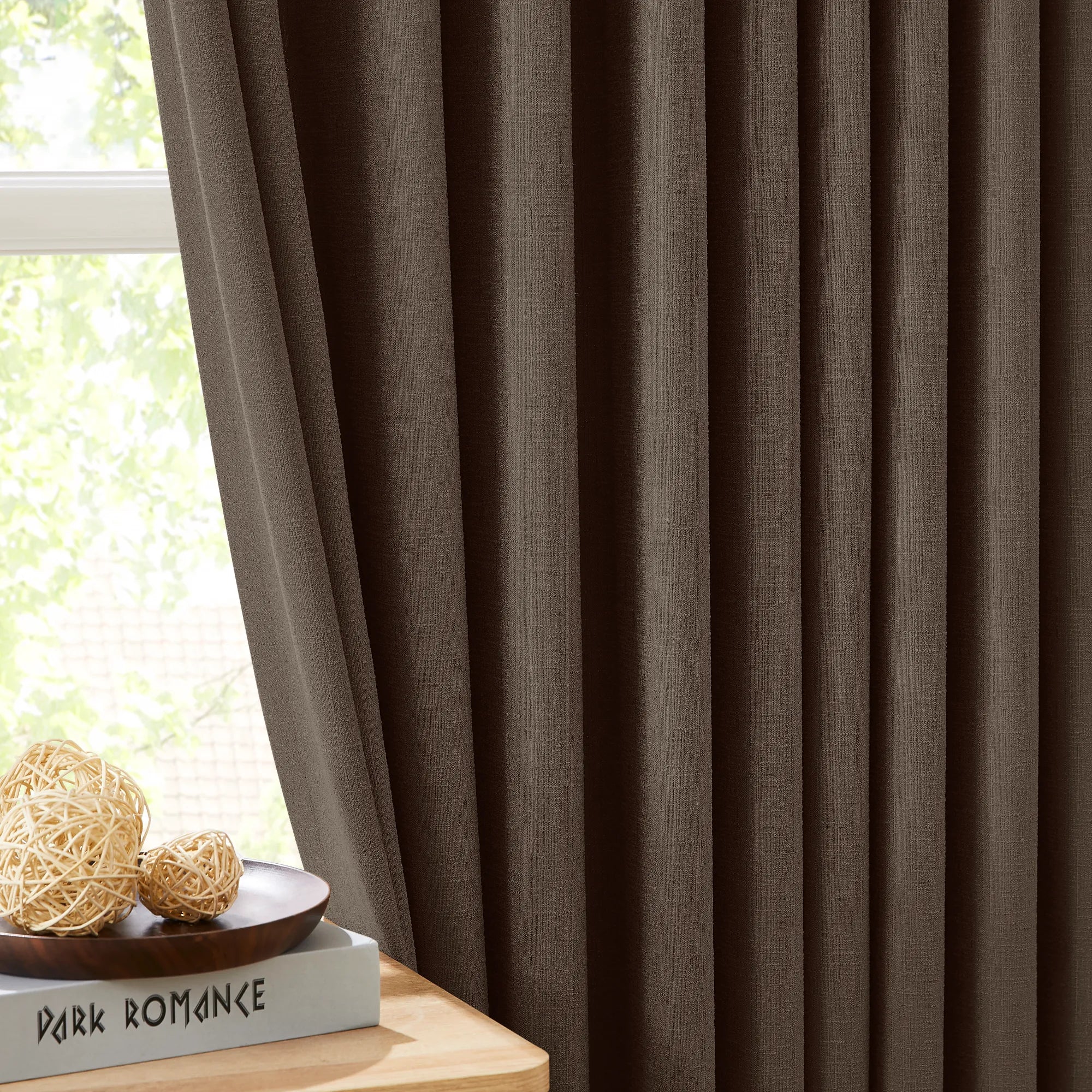 Seraphine linen texture curtains detail showing light filtering feature and soft drapery texture