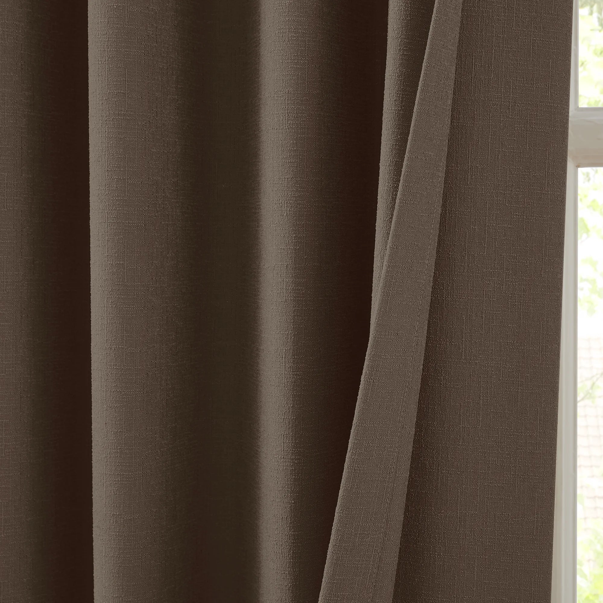 Seraphine linen texture curtains front and back detail showing light filtering feature and soft drapery texture