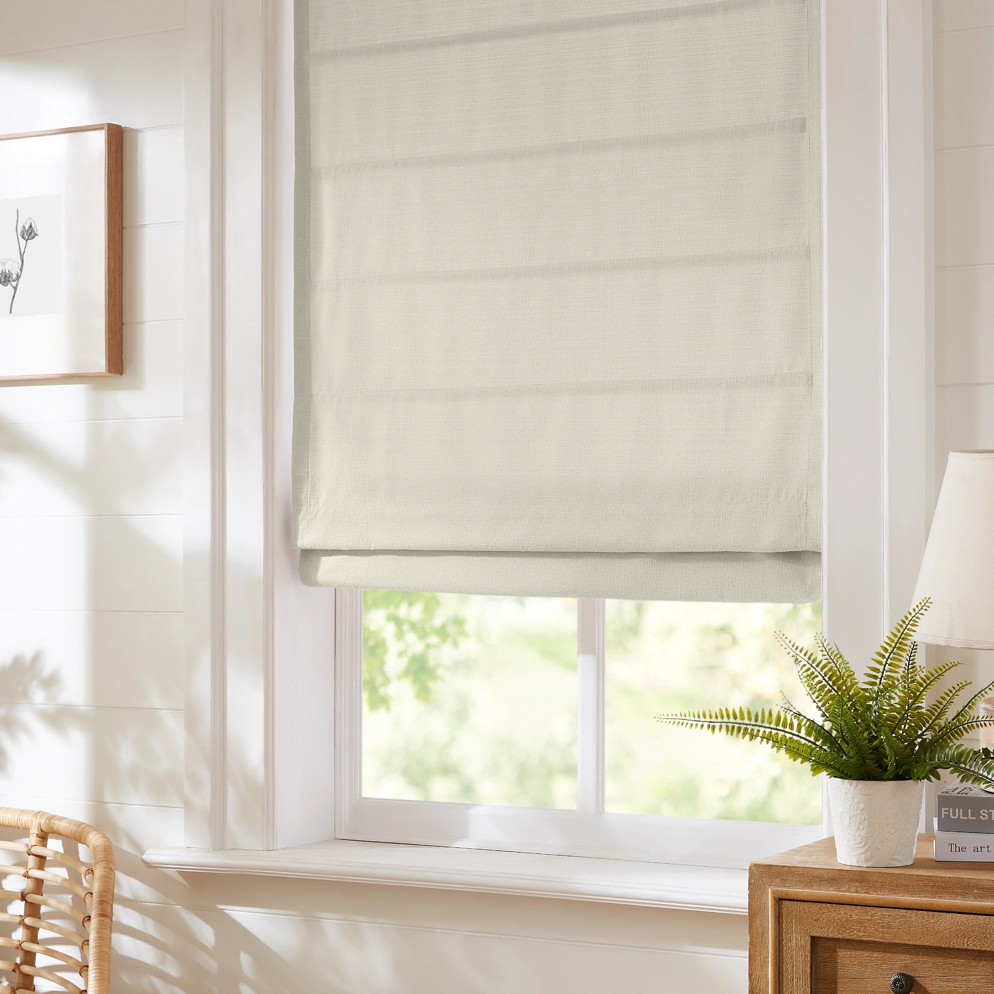 Seraphine Linen Texture Roman Shade: Image 9013-2_scene_2 showcasing elegant linen-textured roman shade with tailored folds and natural woven texture in a stylish modern home setting