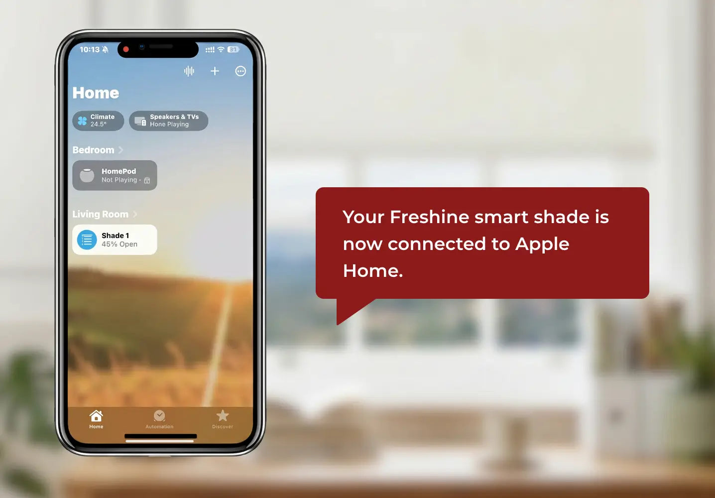 Smart home app on a smartphone with a blurred room background