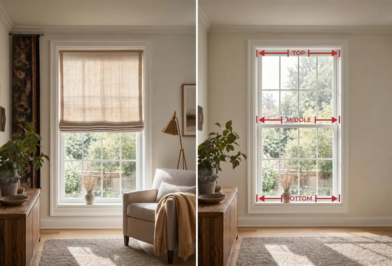 Living room with a window and a diagram showing measurement points.
