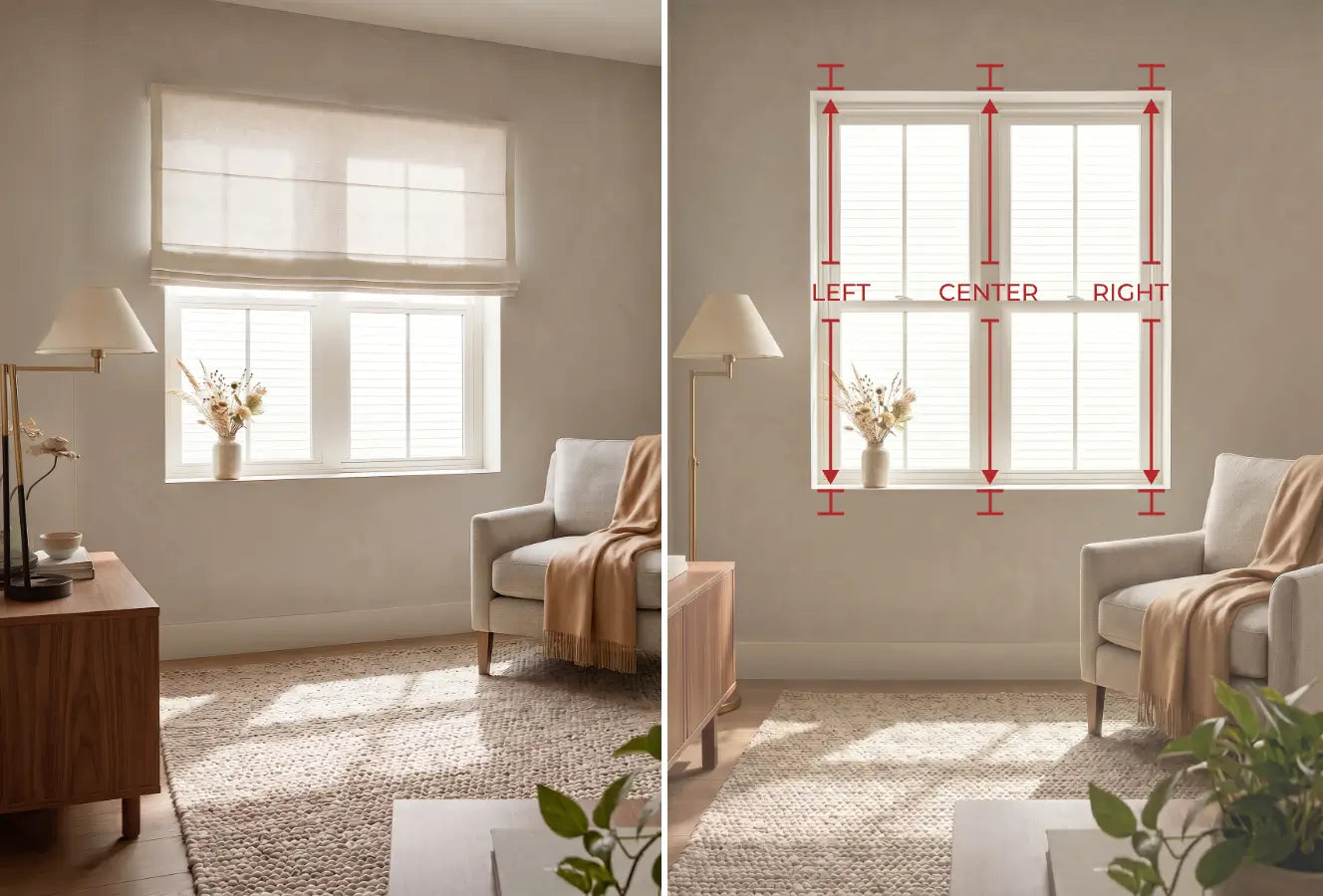 Living room with a window treatment on the left and a grid overlay on the right