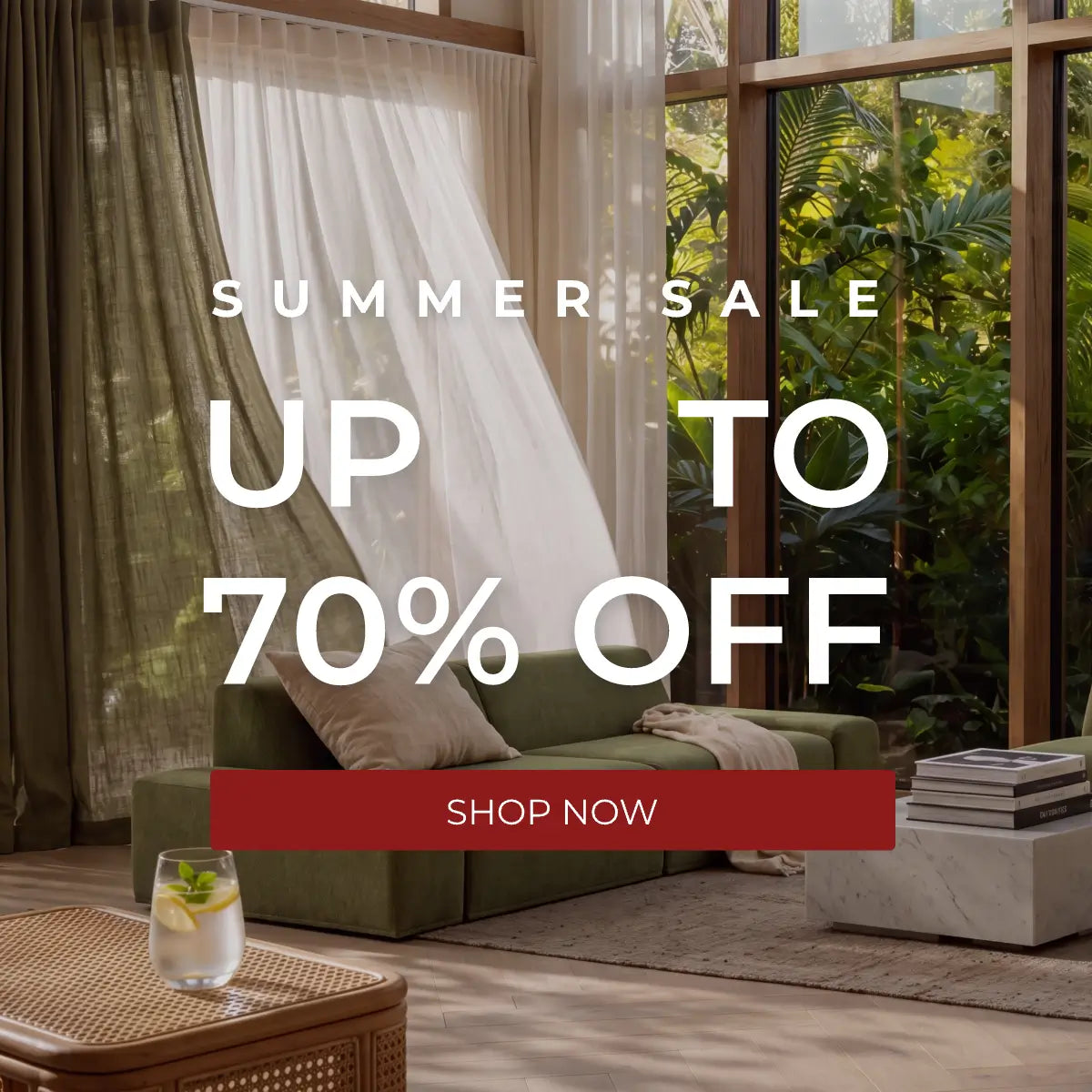 Promotional banner for a summer sale showing a modern living room with a green sofa, sheer curtains, and large windows overlooking lush greenery. Large white text reads 'SUMMER SALE UP TO 70% OFF' with a red 'SHOP NOW' button overlay.