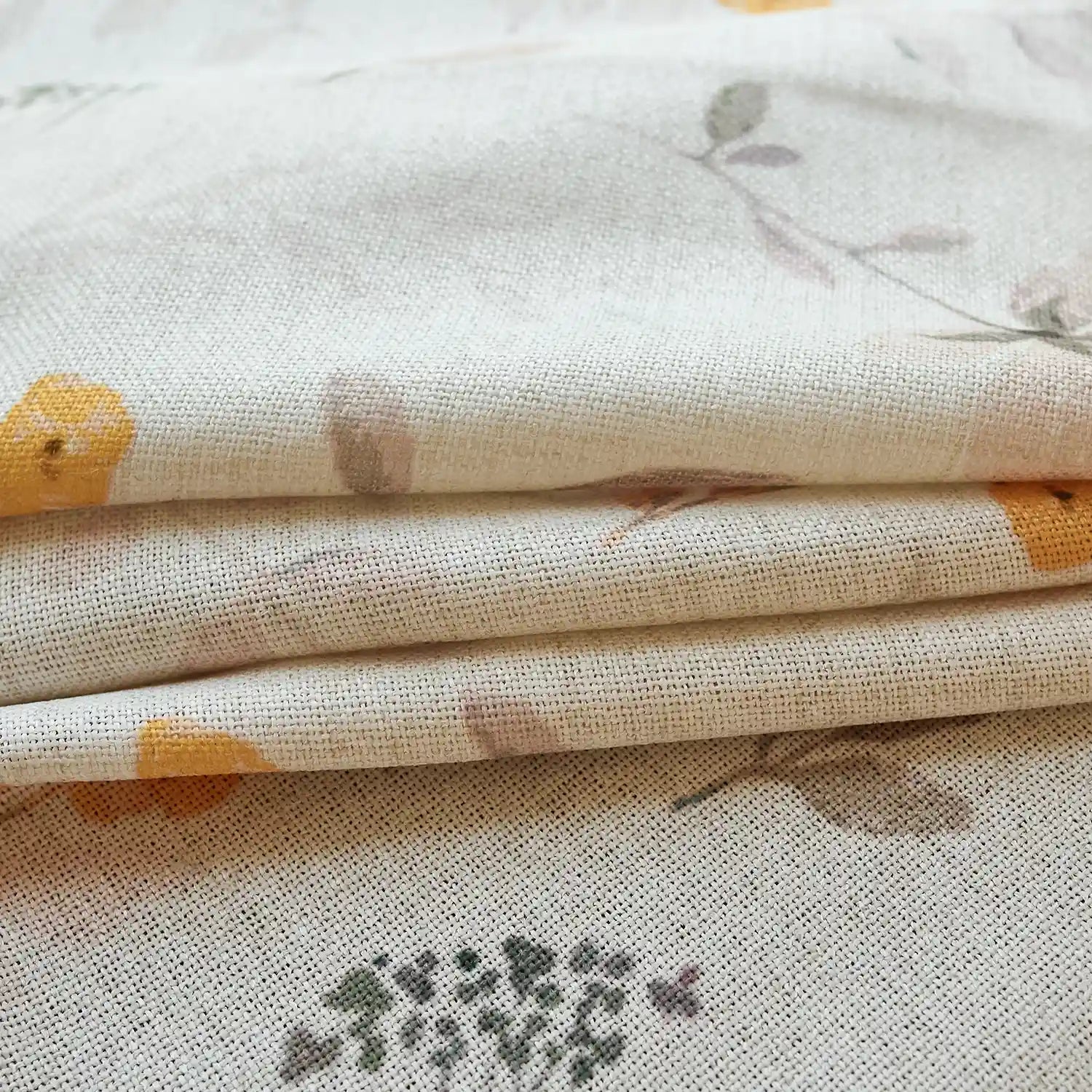 Sylviana H-004_detail_3 yellow wildflowers linen textured sheer curtains showing delicate floral print