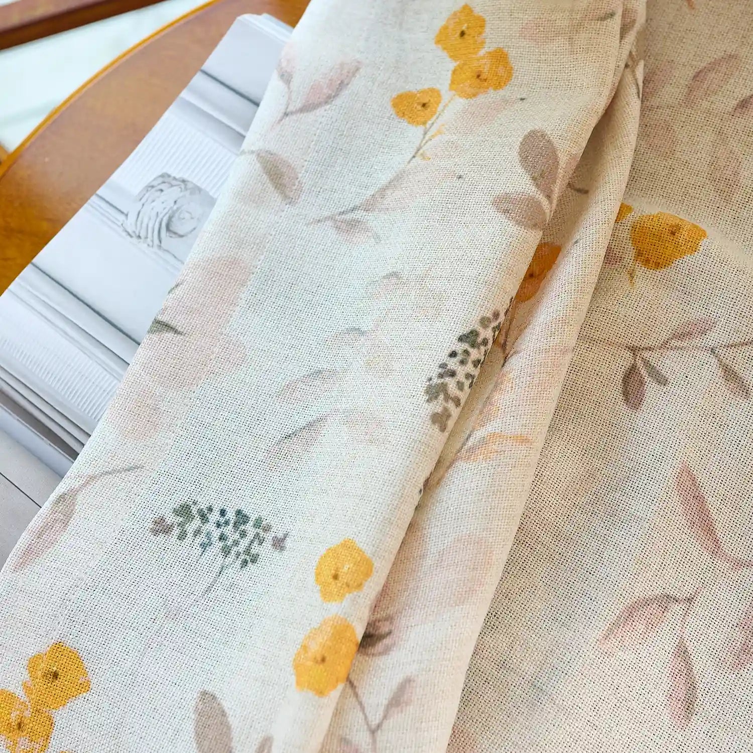 Sylviana H-004_detail_4 yellow wildflowers linen textured sheer curtains showing delicate floral print