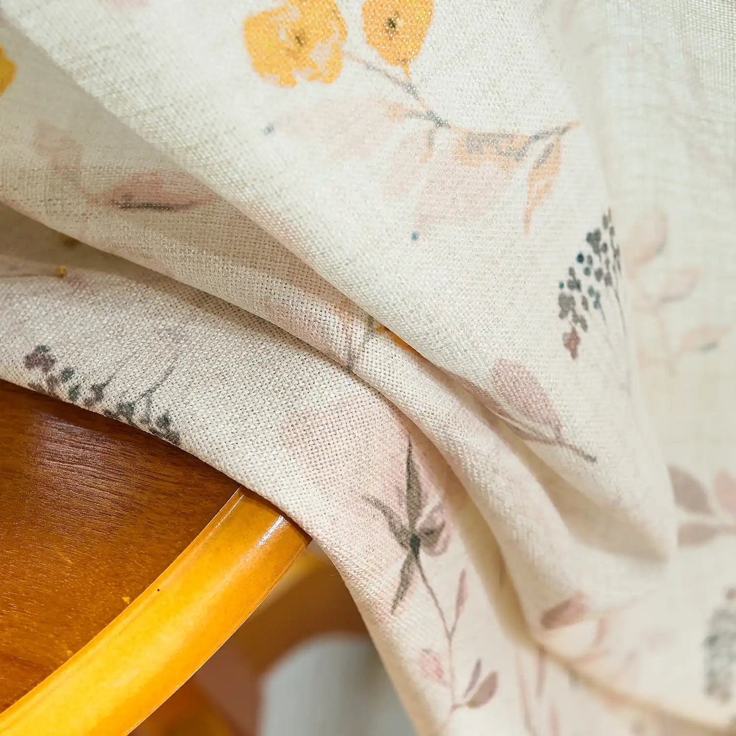 Sylviana H-004_detail_6 yellow wildflowers linen textured sheer curtains showing delicate floral print