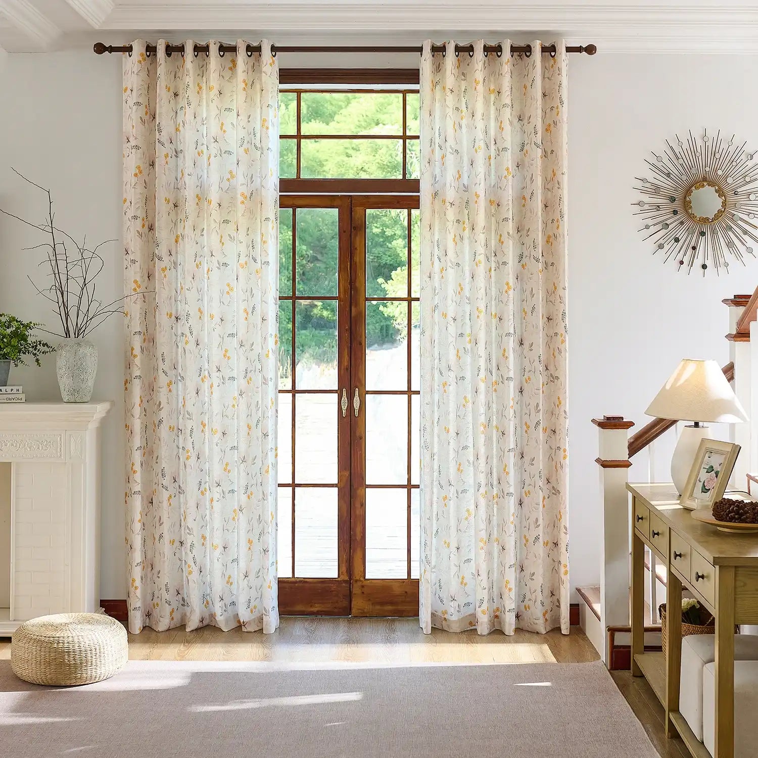 Sylviana H-004_scene_1 yellow wildflowers linen textured sheer curtains for elegant home decor