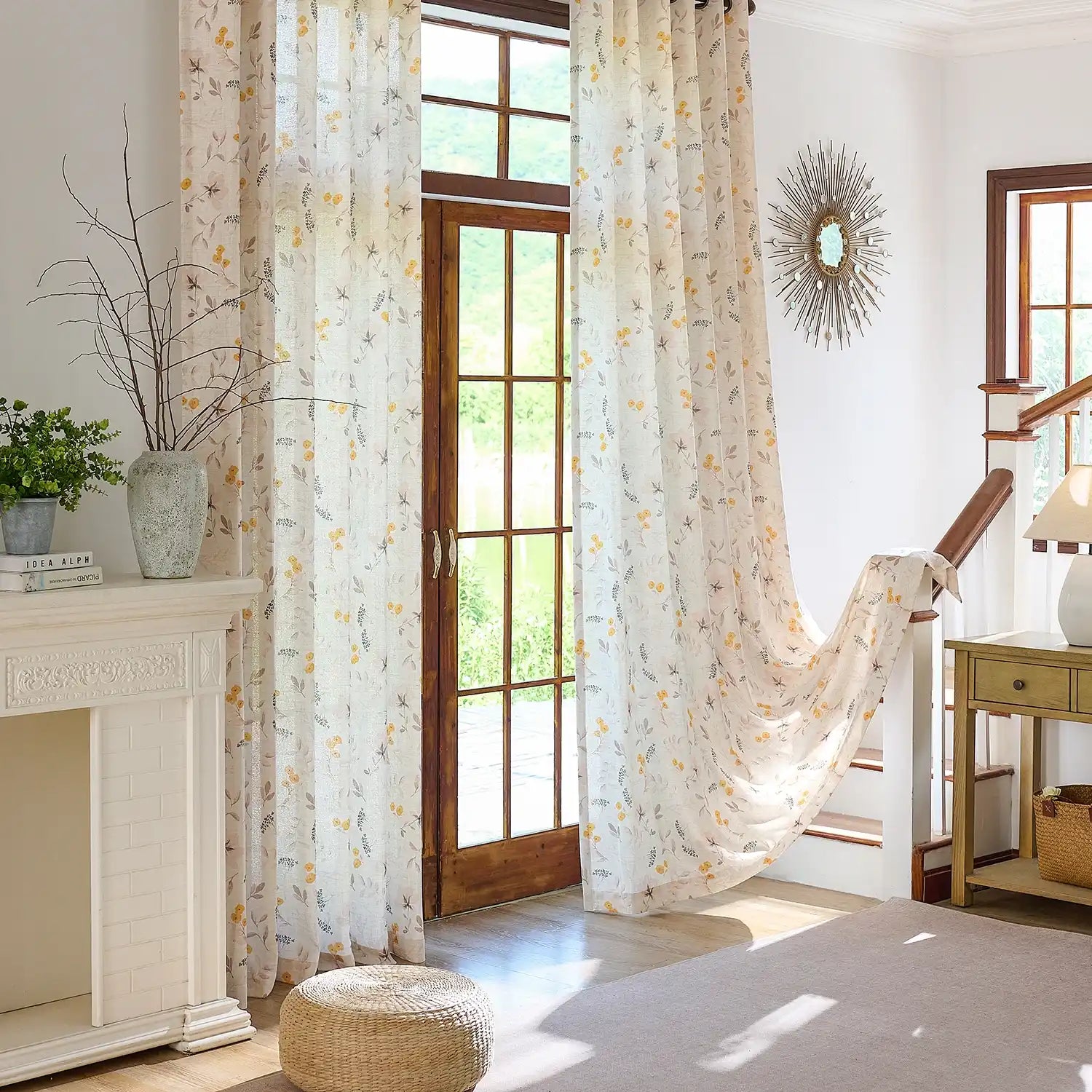 Sylviana H-004_scene_2 yellow wildflowers linen textured sheer curtains for elegant home decor