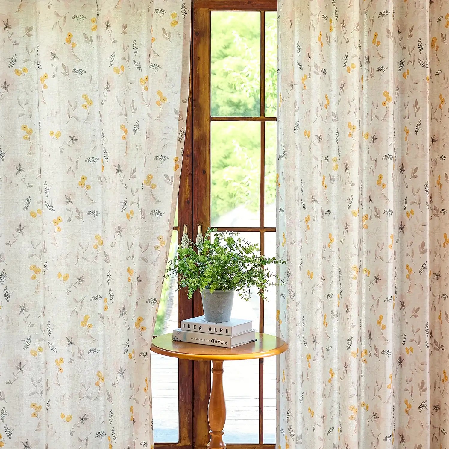 Sylviana H-004_scene_3 yellow wildflowers linen textured sheer curtains for elegant home decor