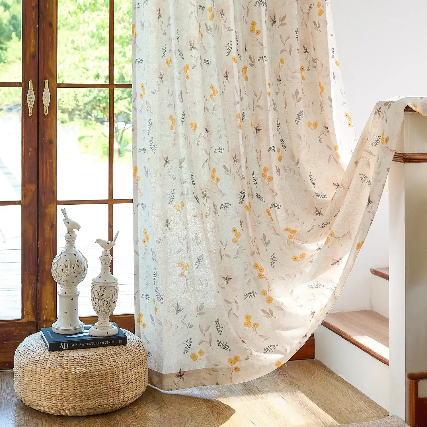 Sylviana H-004_scene_4 yellow wildflowers linen textured sheer curtains for elegant home decor