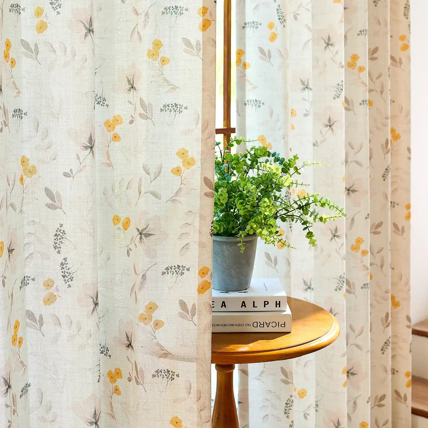 Sylviana H-004_scene_8 yellow wildflowers linen textured sheer curtains for elegant home decor