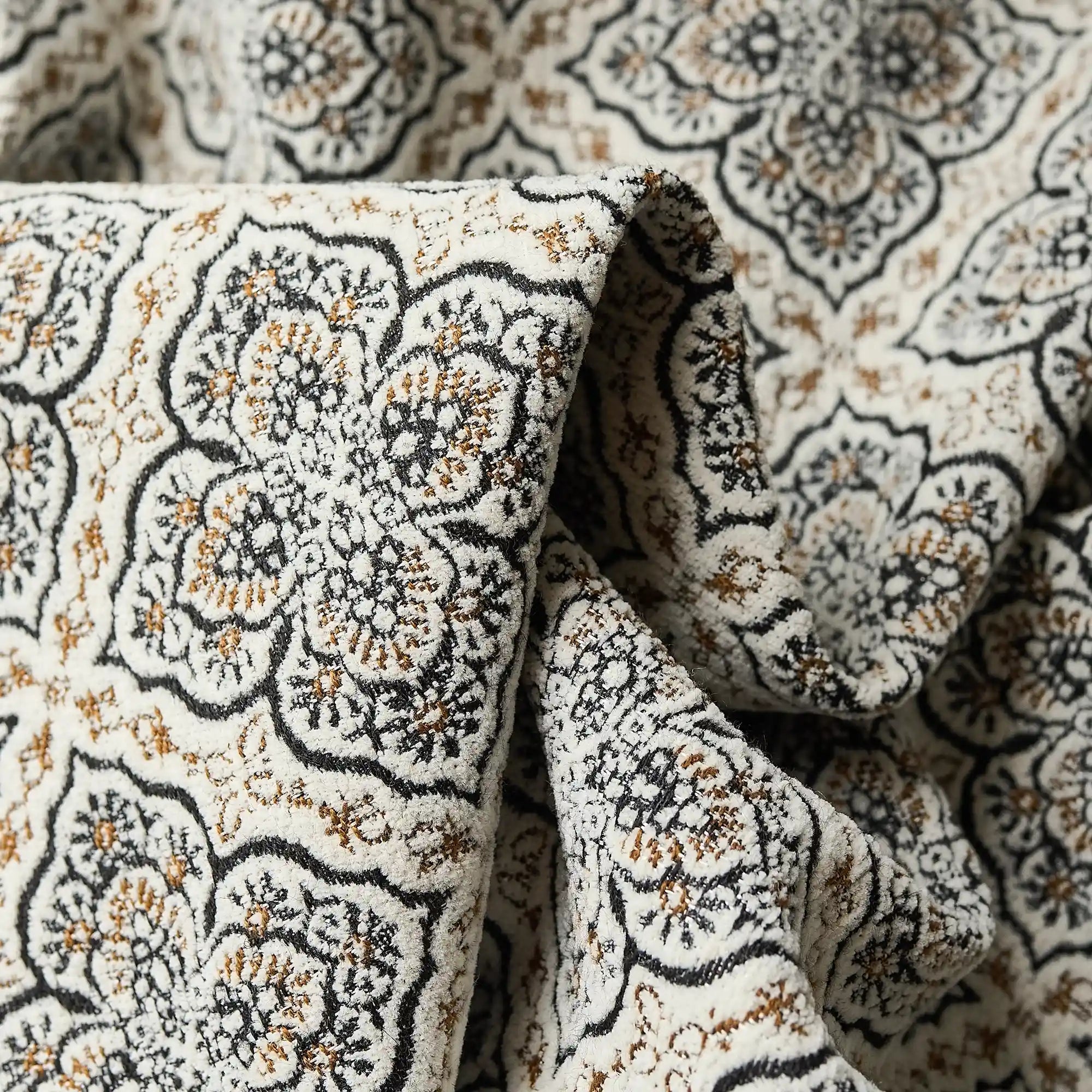 Talise Black & Beige Geometric Damask Jacquard Chenille Drapes